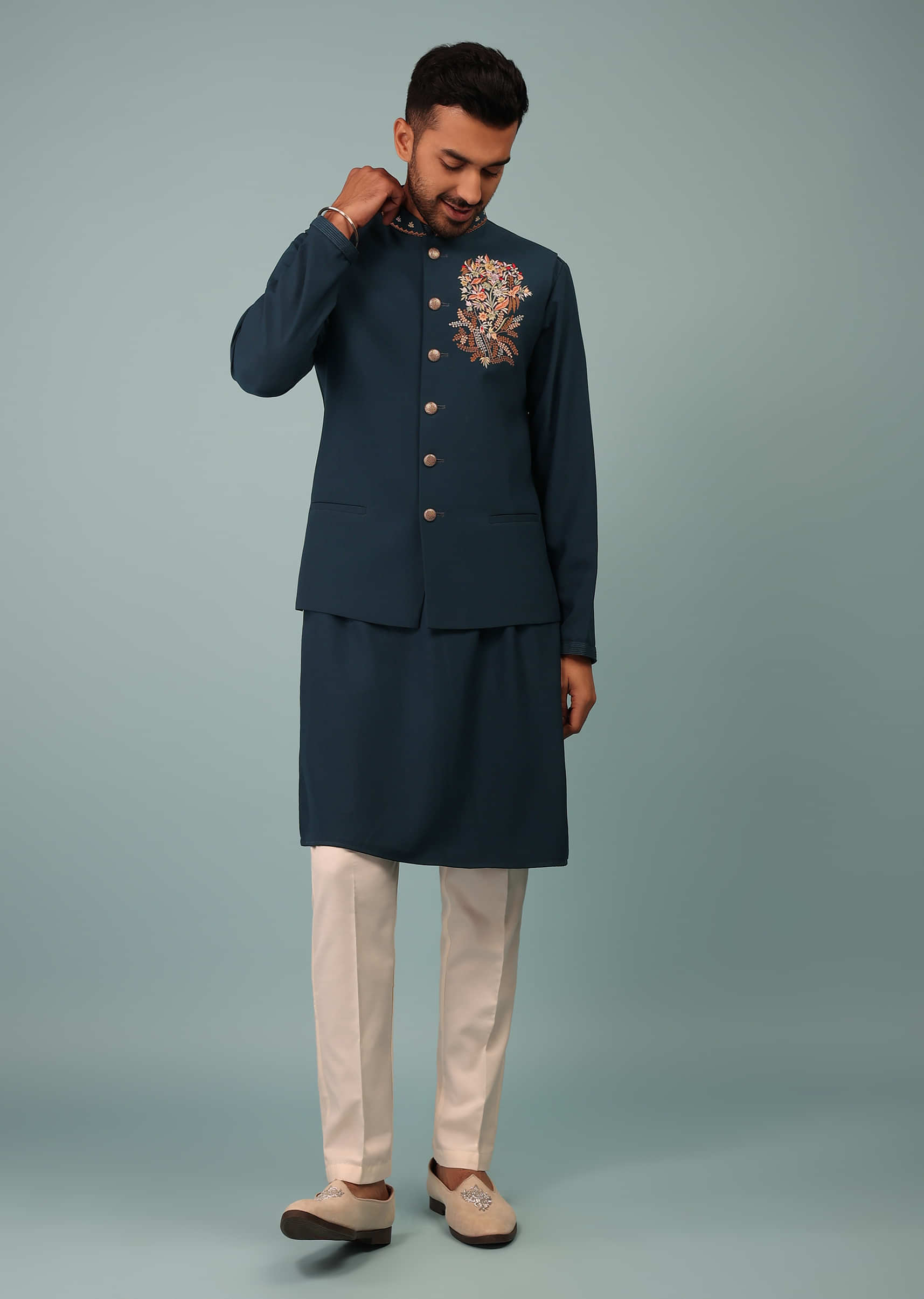 Teal Blue Bandi Jacket Set In Handloom Poly Wool With Multicolor Floral Butti Embroidery