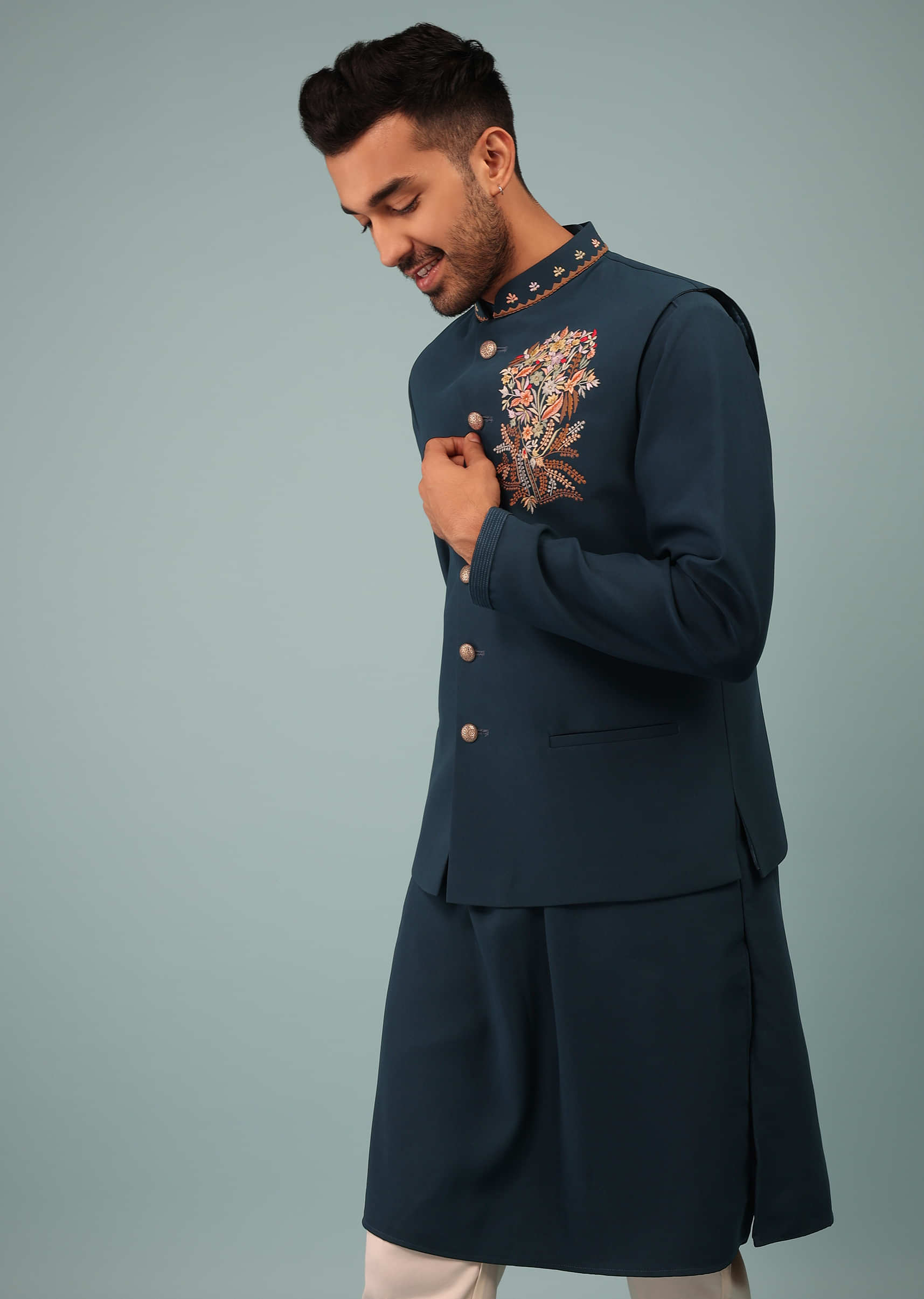 Teal Blue Bandi Jacket Set In Handloom Poly Wool With Multicolor Floral Butti Embroidery