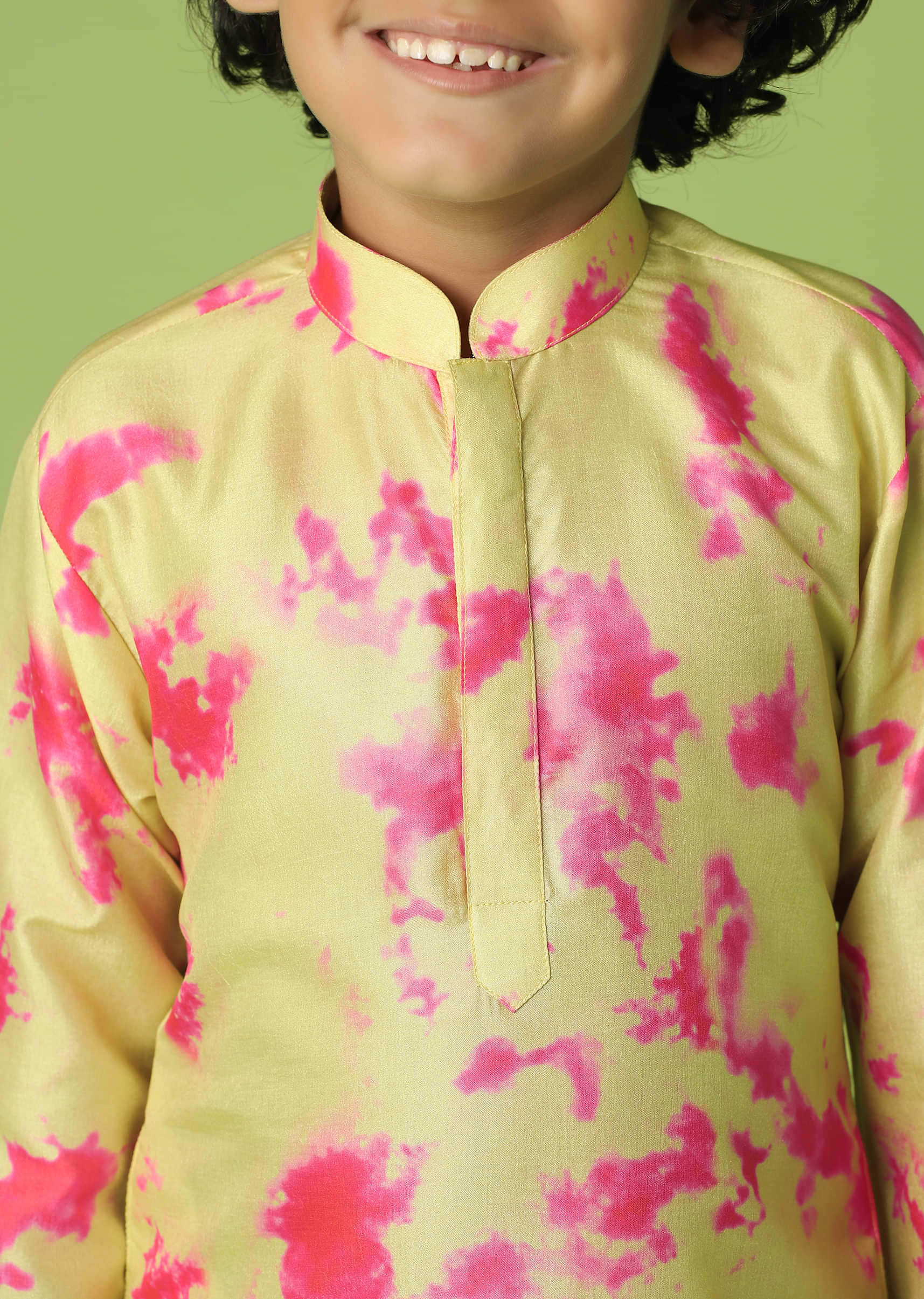 Kalki Lime Yellow Printed Kurta Set In Silk For Boys