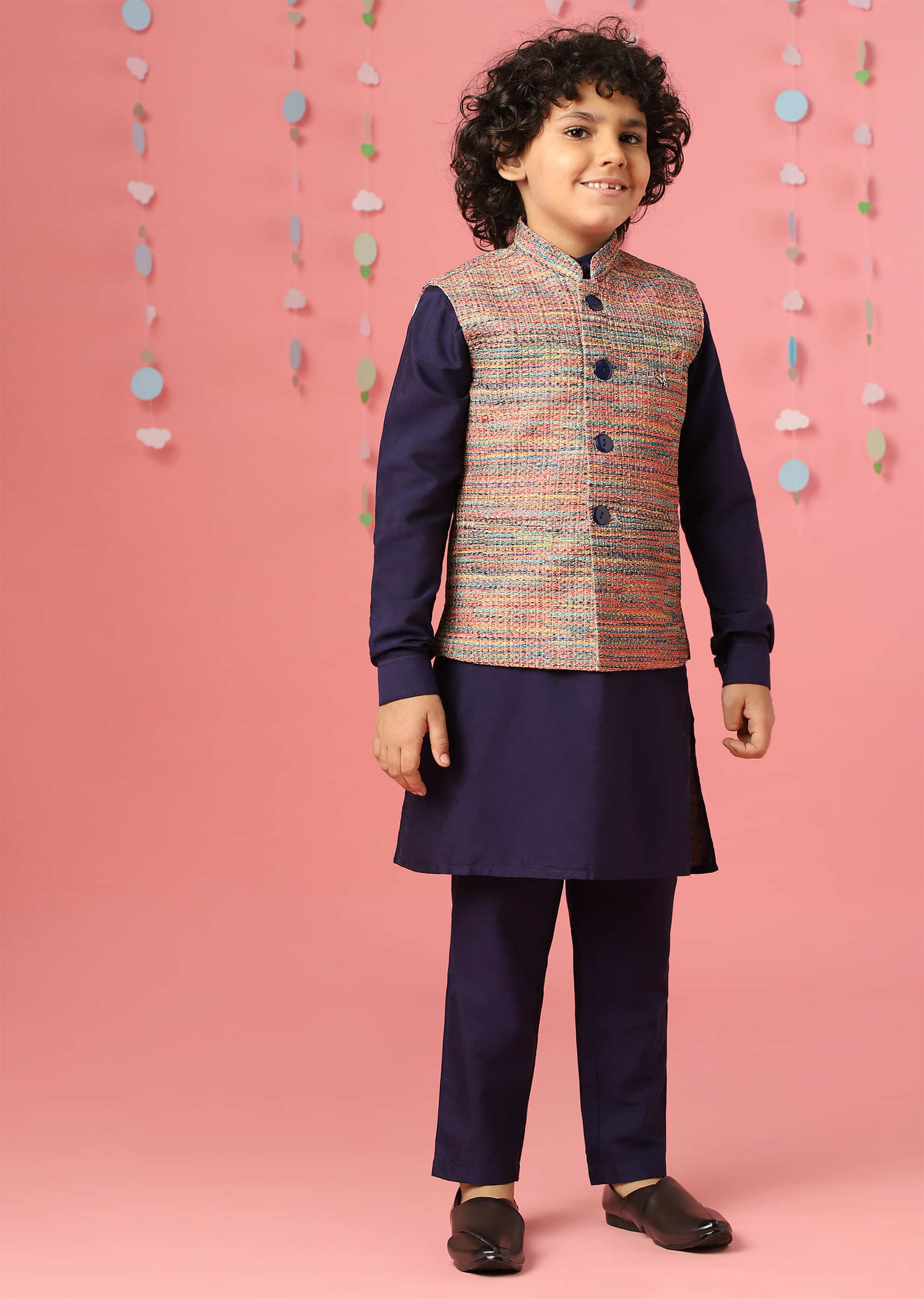 Kalki Medieval Blue Kurta Set In Silk With Multicolor Bandi Jacket For Boys