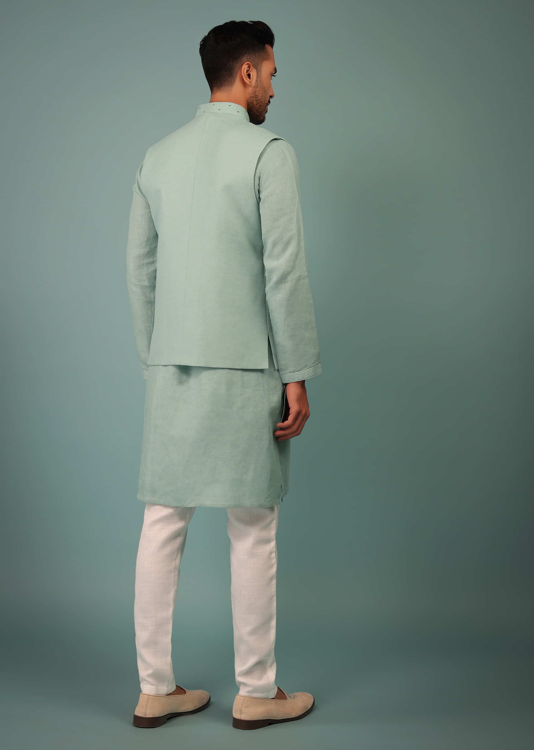 Sea Green Bandi Jacket Set In Linen With Blooming Floral Embroidery