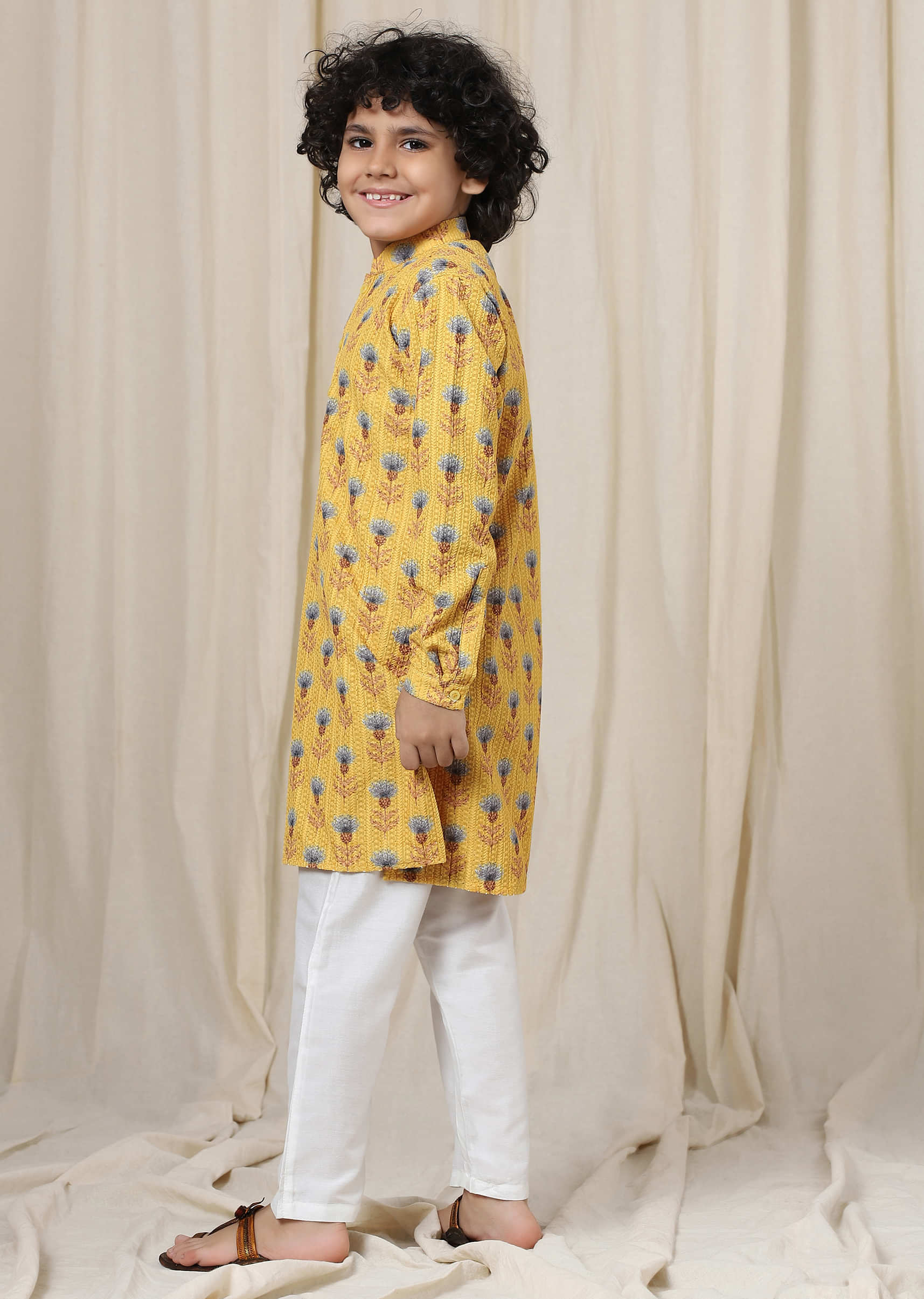 Kalki Mimosa Yellow Kurta Set In Silk With Threadwork For Boys