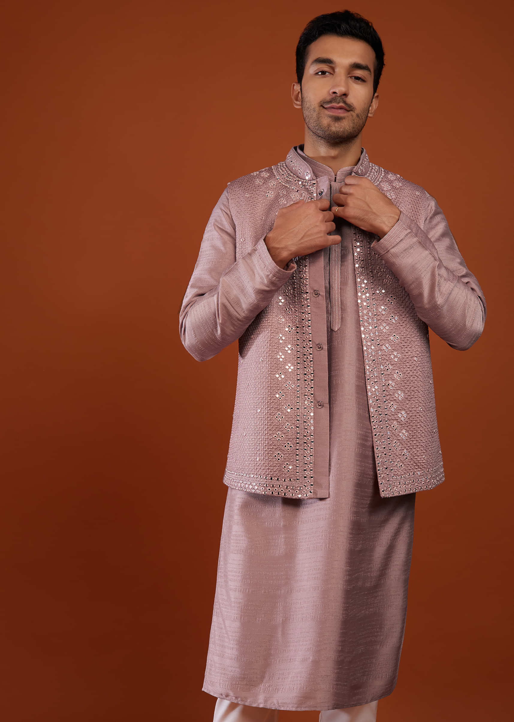 Dusty Rose Pink Bandi Jacket Kurta Set In Cotton Silk With Mirror Embroidery