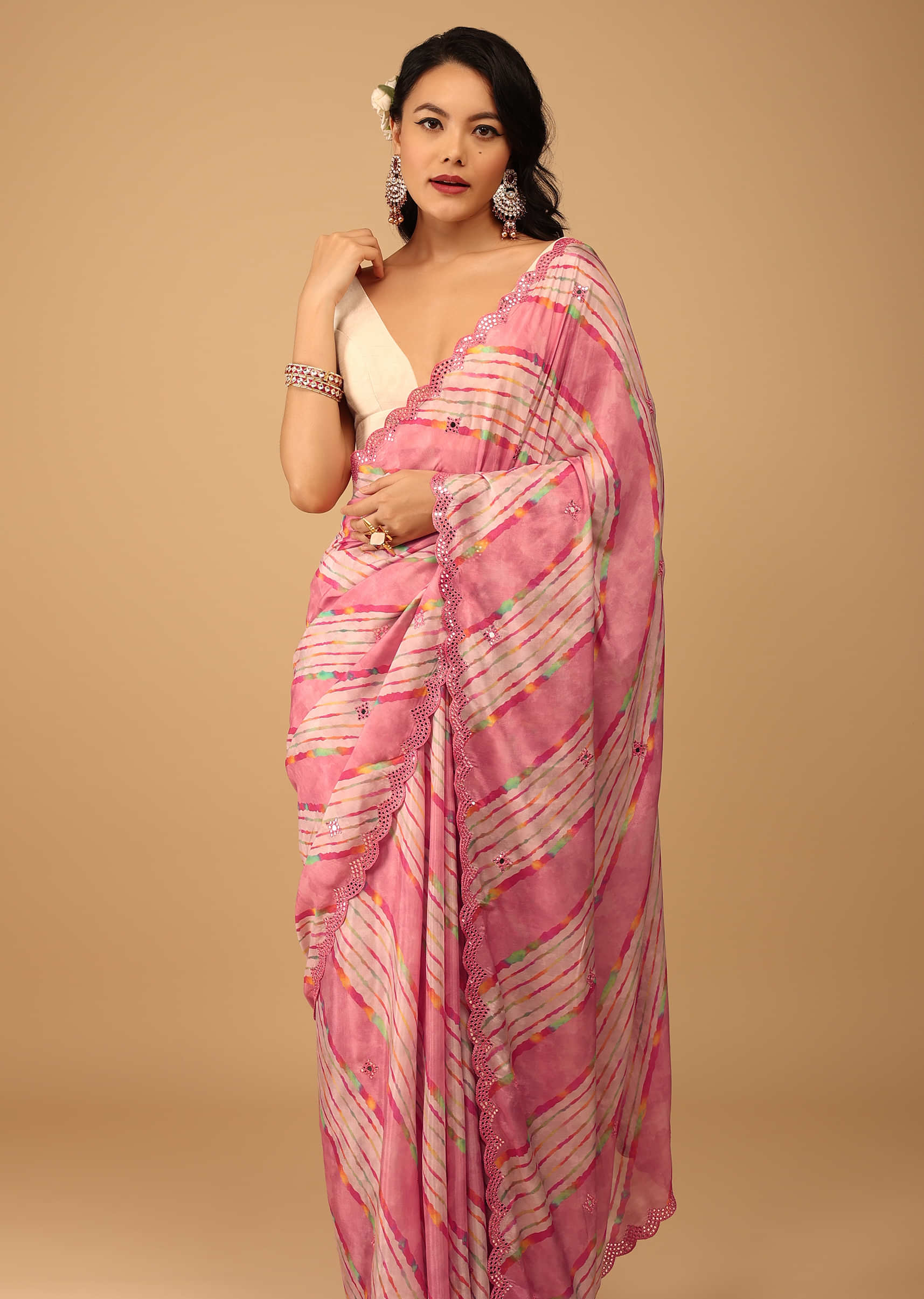 Rose Pink Leheriya Saree In Muslin With Mirror Embroidery