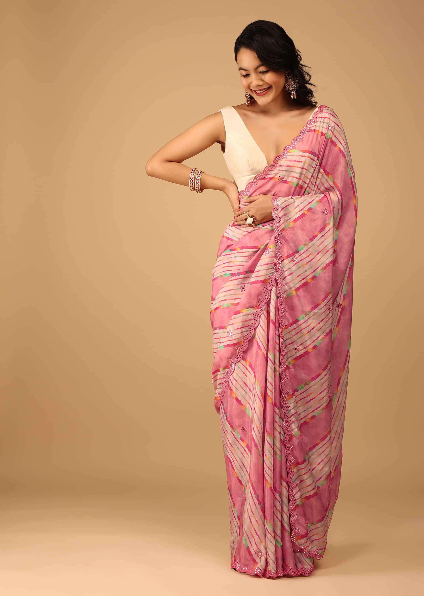 Rose Pink Leheriya Saree In Muslin With Mirror Embroidery