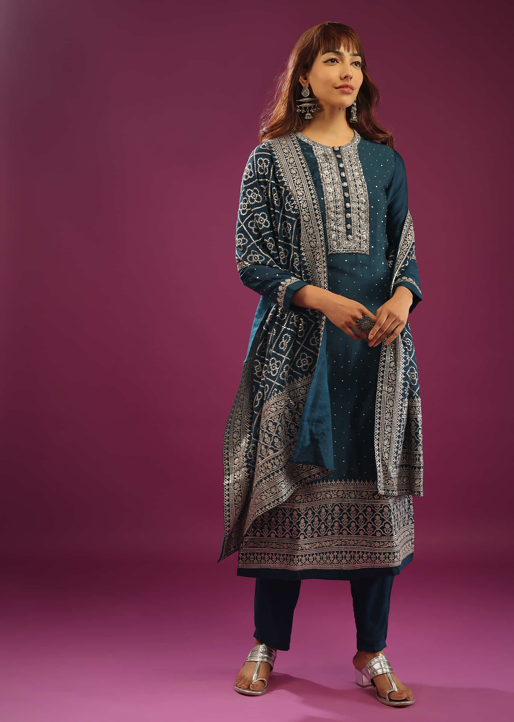 Persian Blue Pant Suit In Chanderi With Zardosi And Zari Embroidery