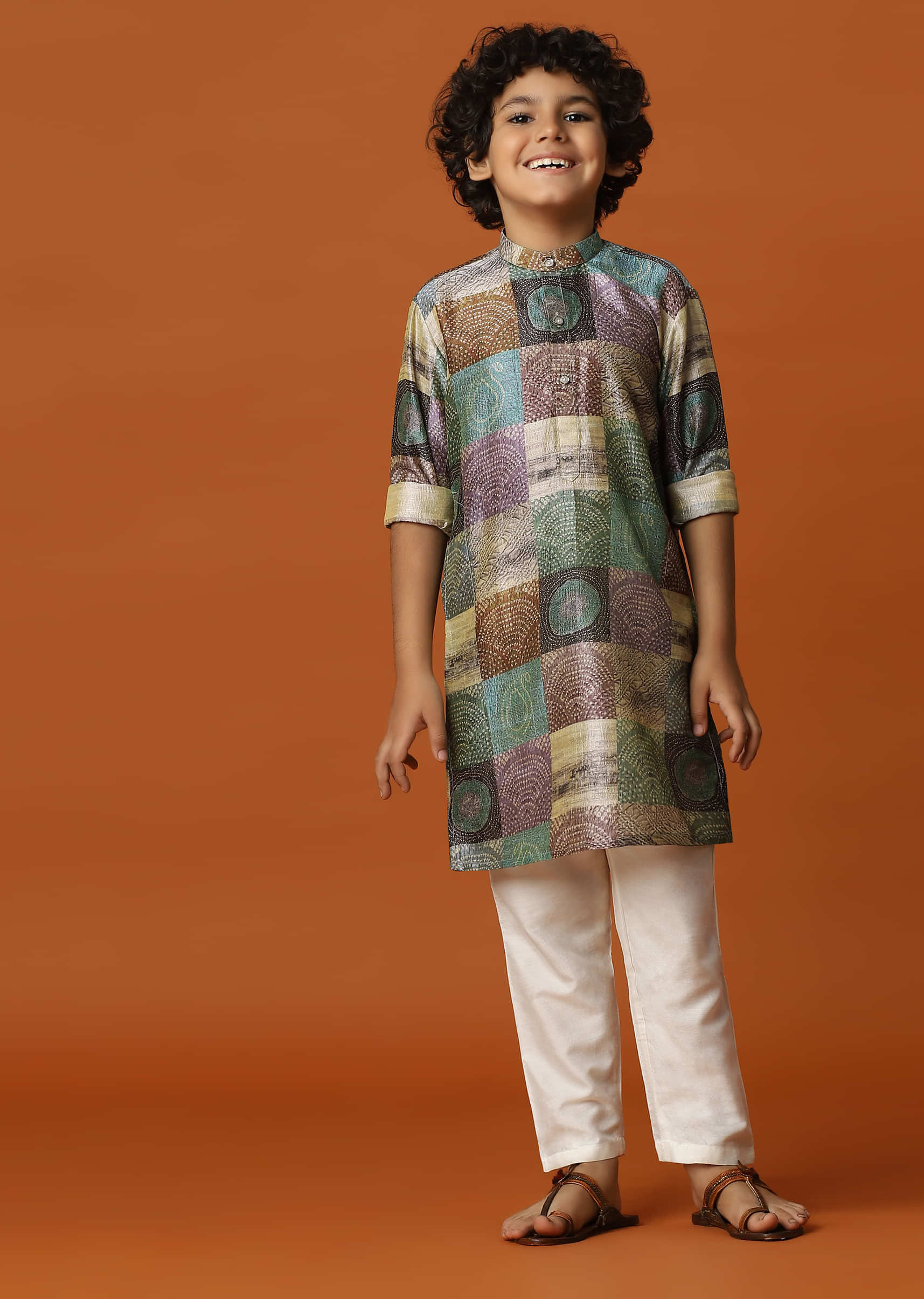 Kalki Multicolor Block Printed Kurta Set In Silk For Boys