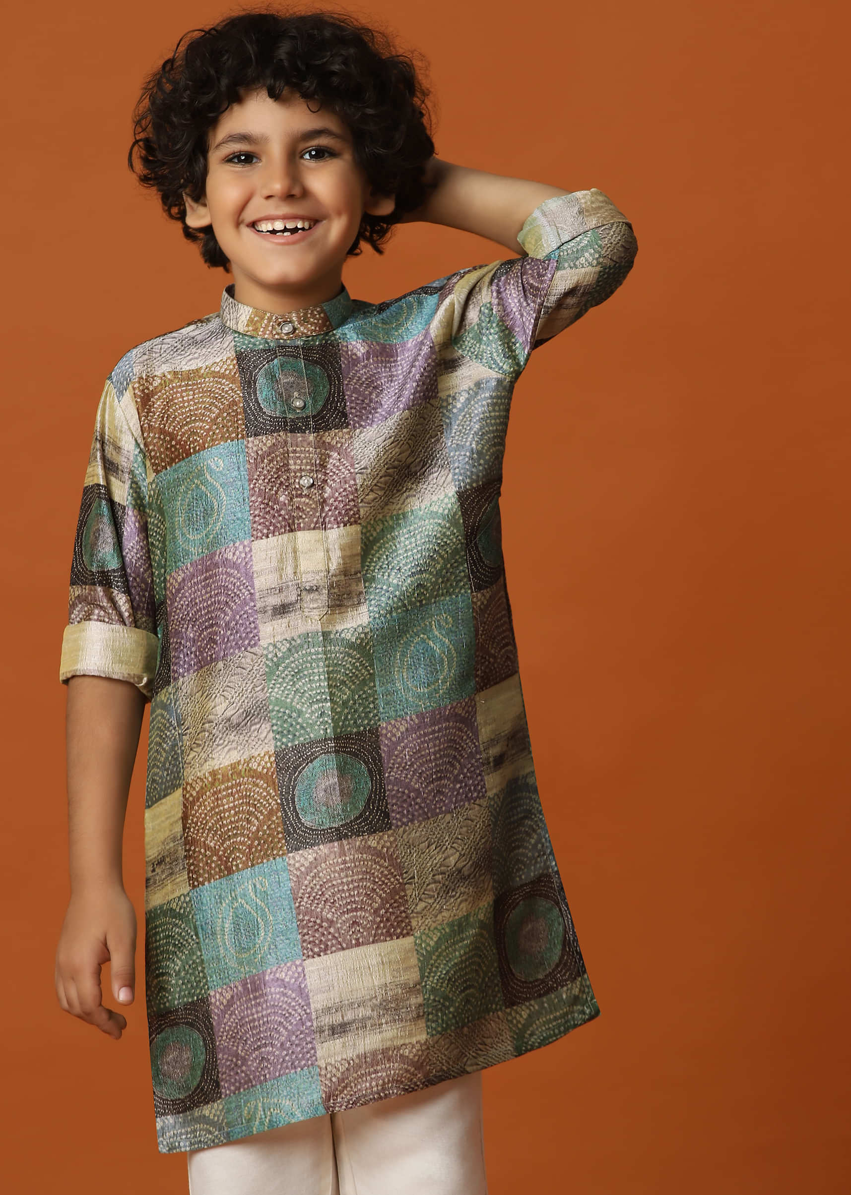 Kalki Multicolor Block Printed Kurta Set In Silk For Boys