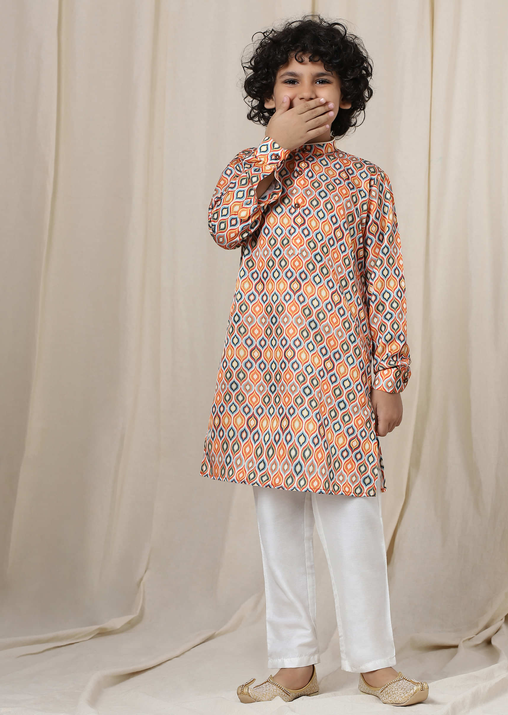Kalki Multicolor Kurta Set In Silk With Ikkat Print For Boys