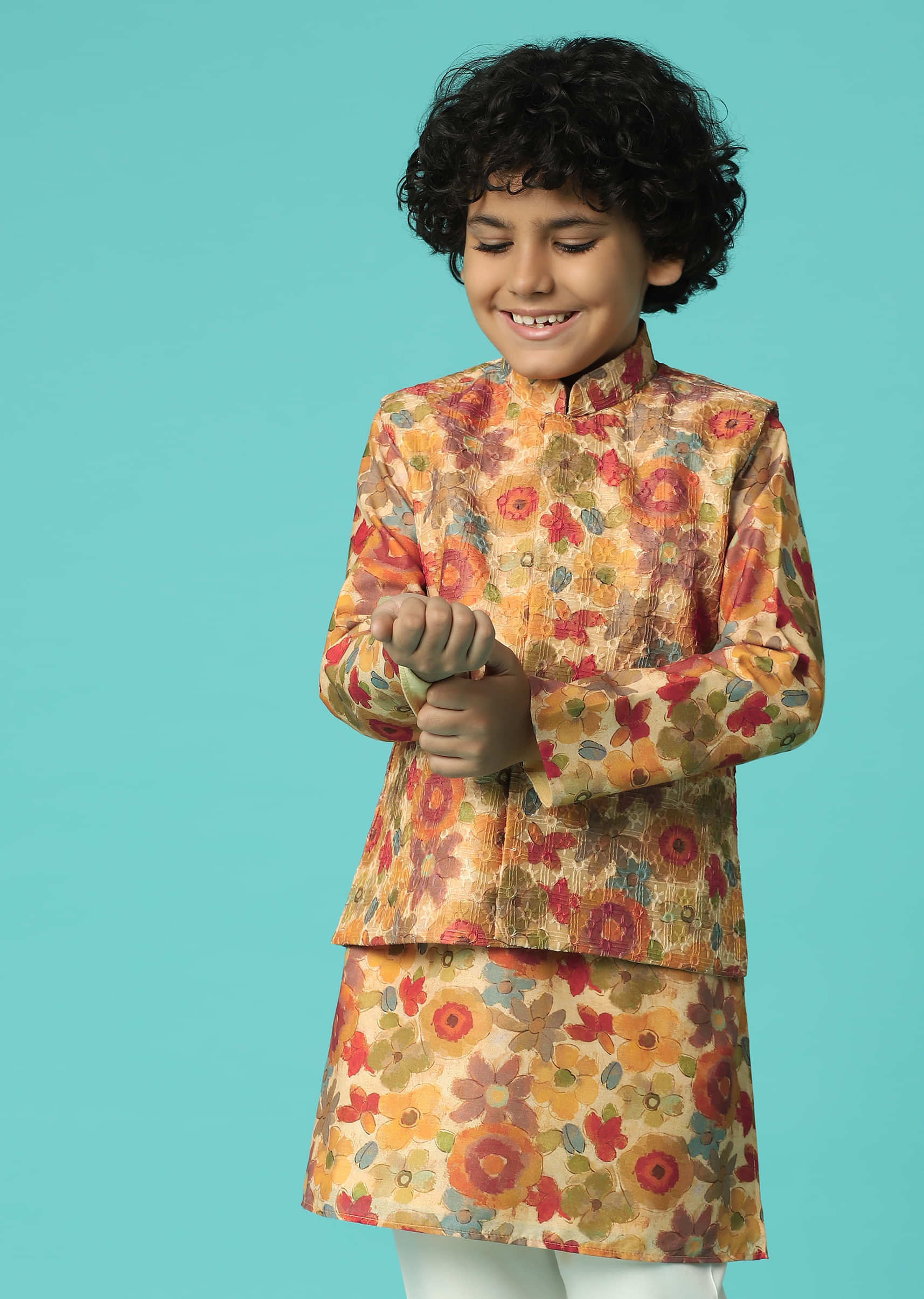 Kalki Mustard Yellow Silk Jacket Kurta Set With Floral Print For Boys