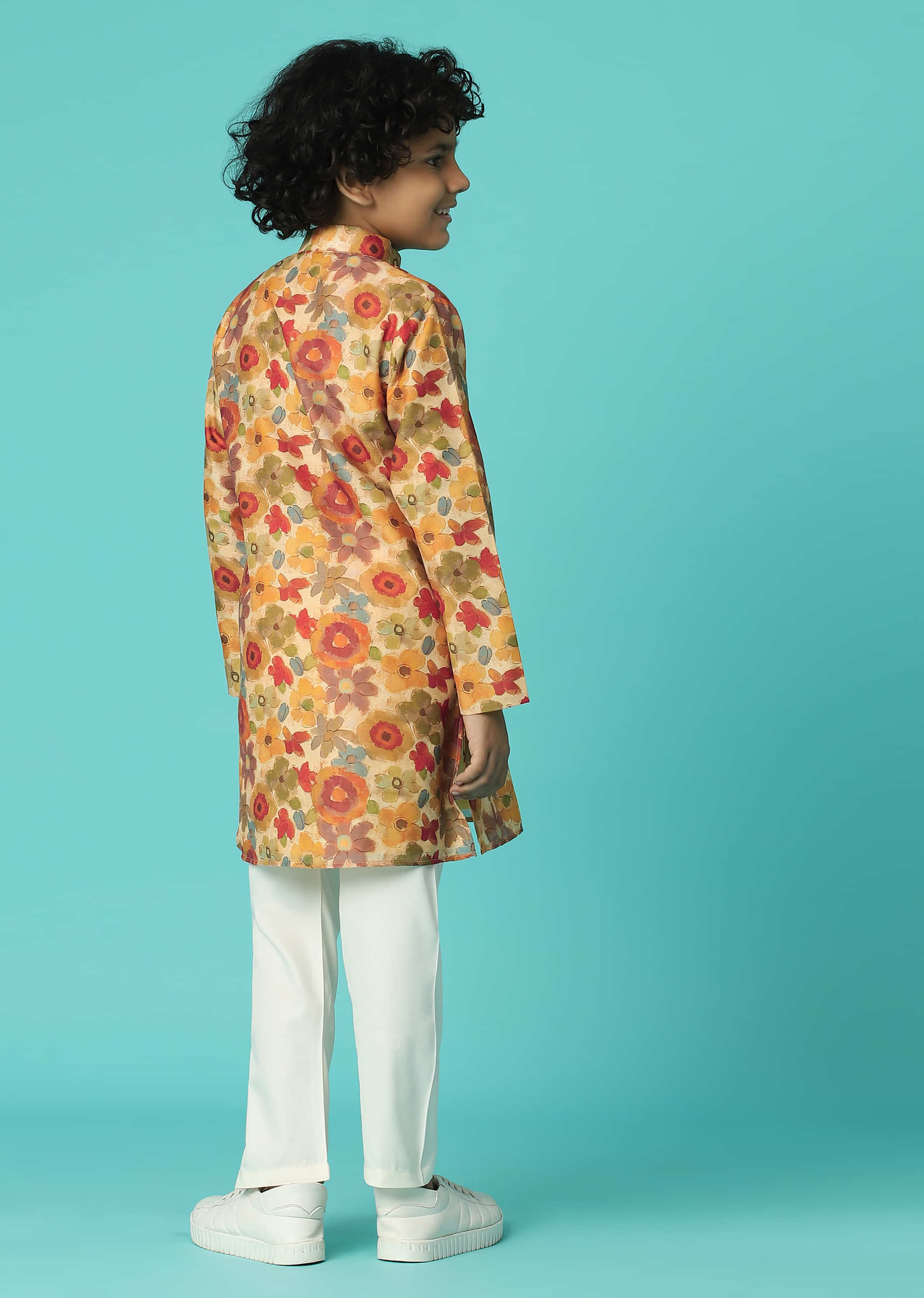 Kalki Mustard Yellow Silk Jacket Kurta Set With Floral Print For Boys