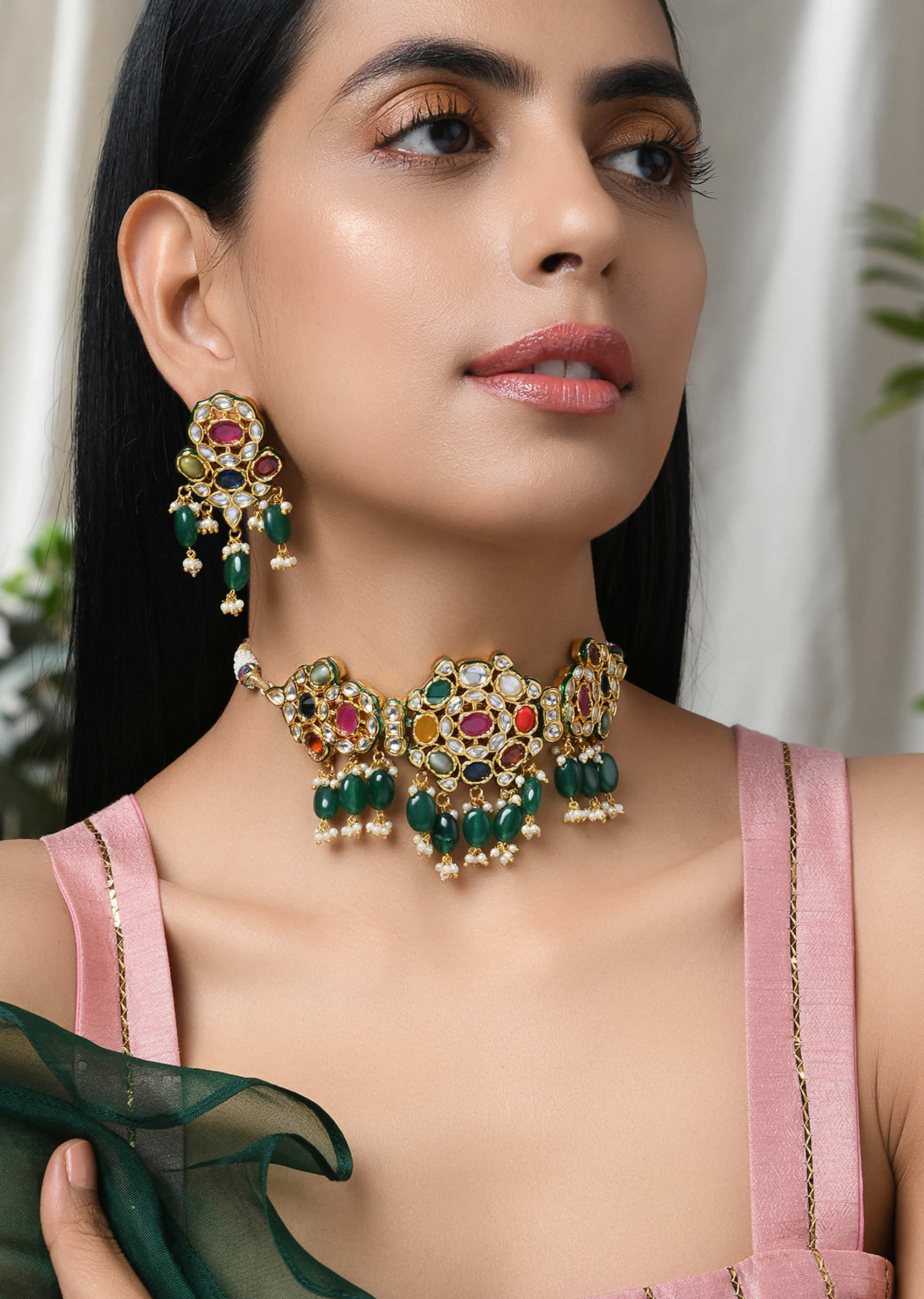 Navratana Gold Plated Kundan Choker Necklace Set
