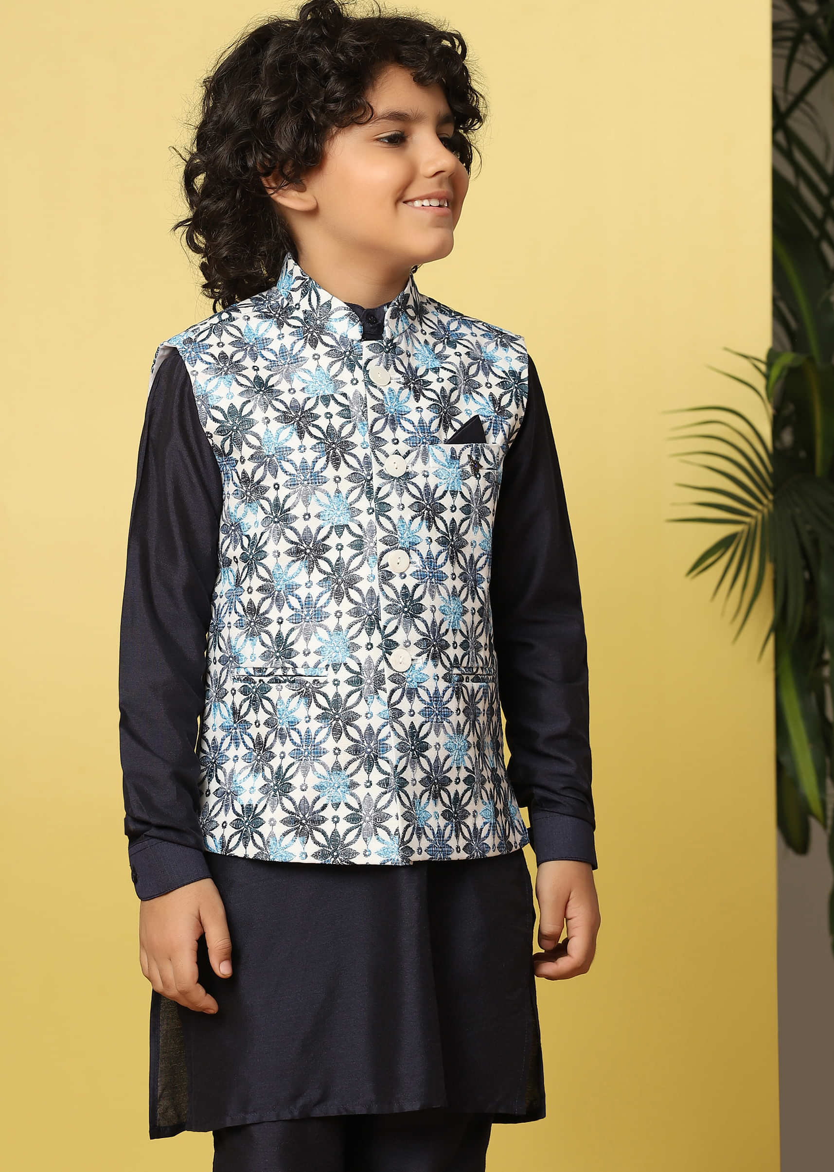 Kalki Navy Blue Bandi Jacket And Kurta Set In Silk With Threadwork For Boys
