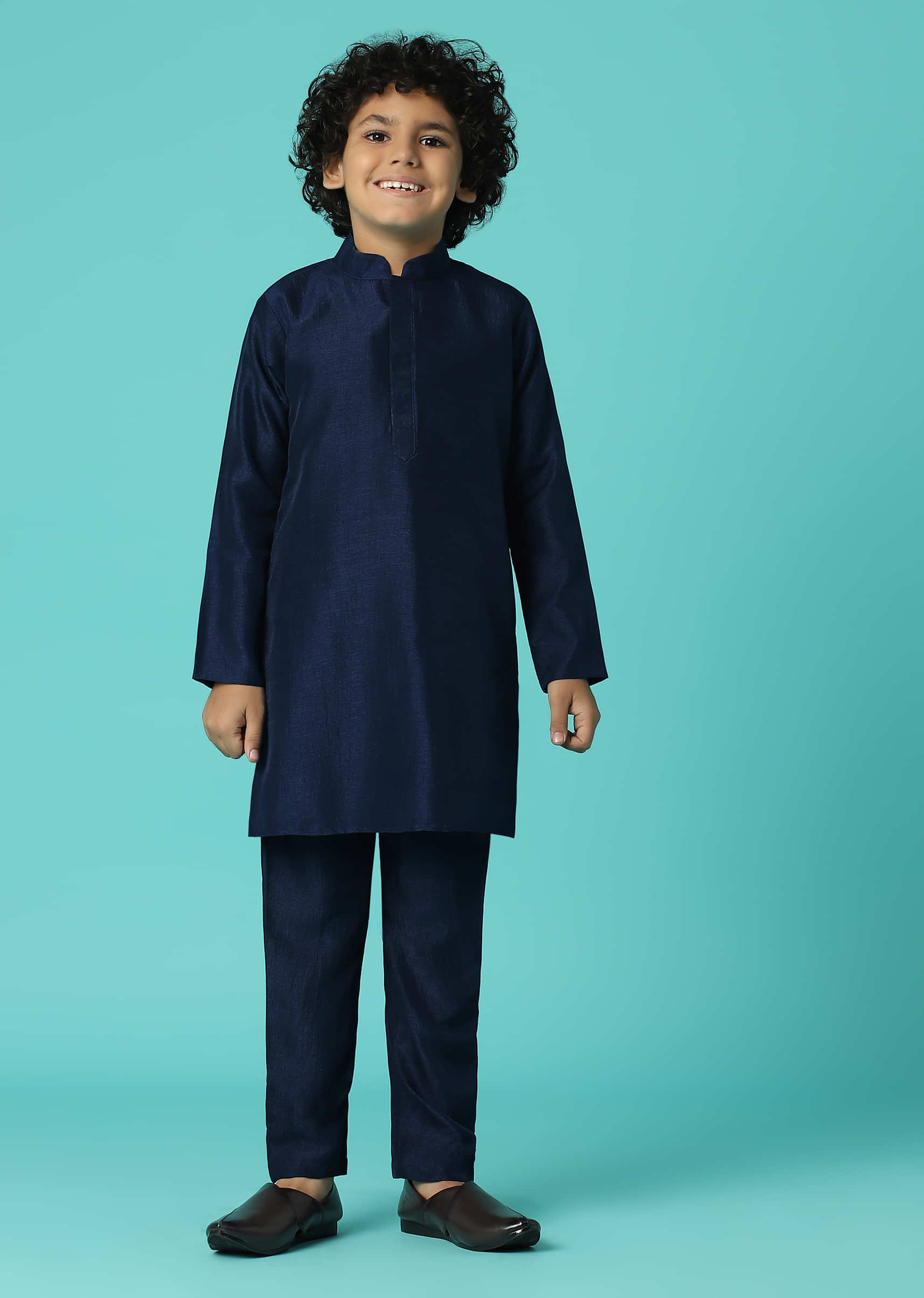 Kalki Navy Blue Jacket Kurta Set In Silk With Sequins For Boys