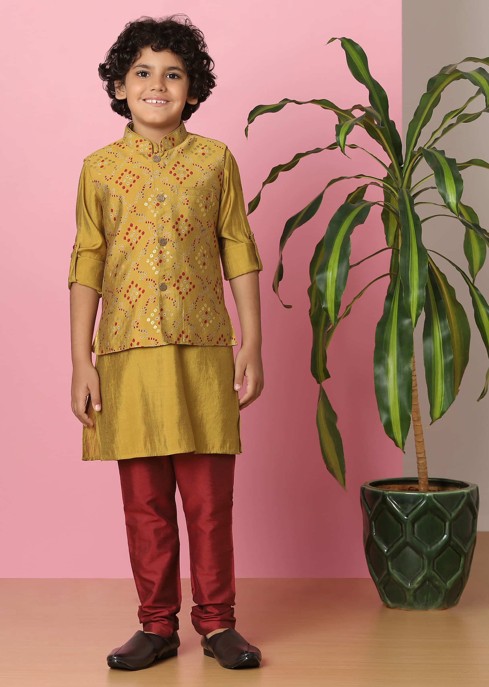 Kalki Ocher Yellow Bandi Jacket And Kurta Set With Bandhani Foil Print