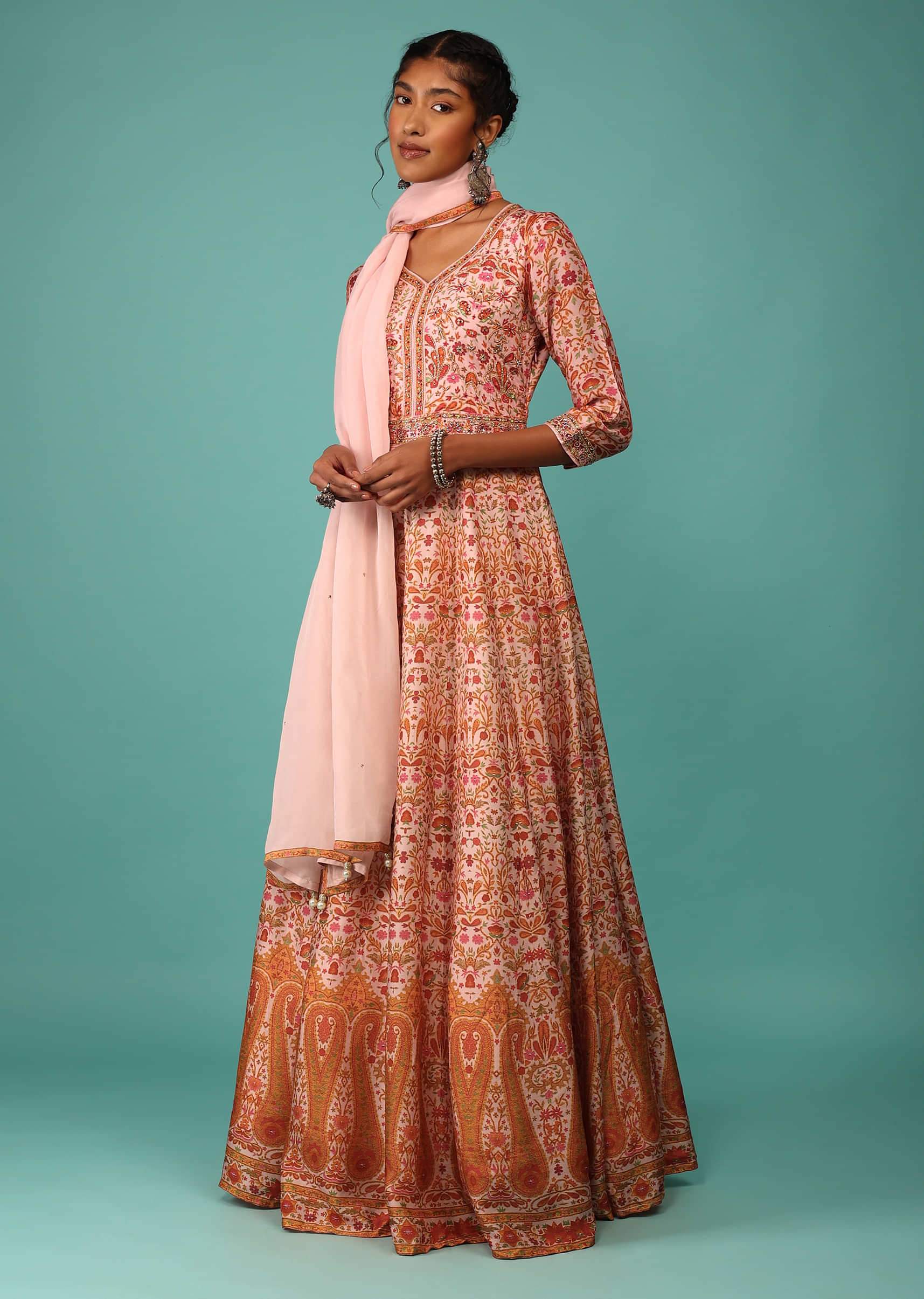 Candy Pink Anarkali Suit Set In Raw Silk With Kashmiri Print Work And Embroidery