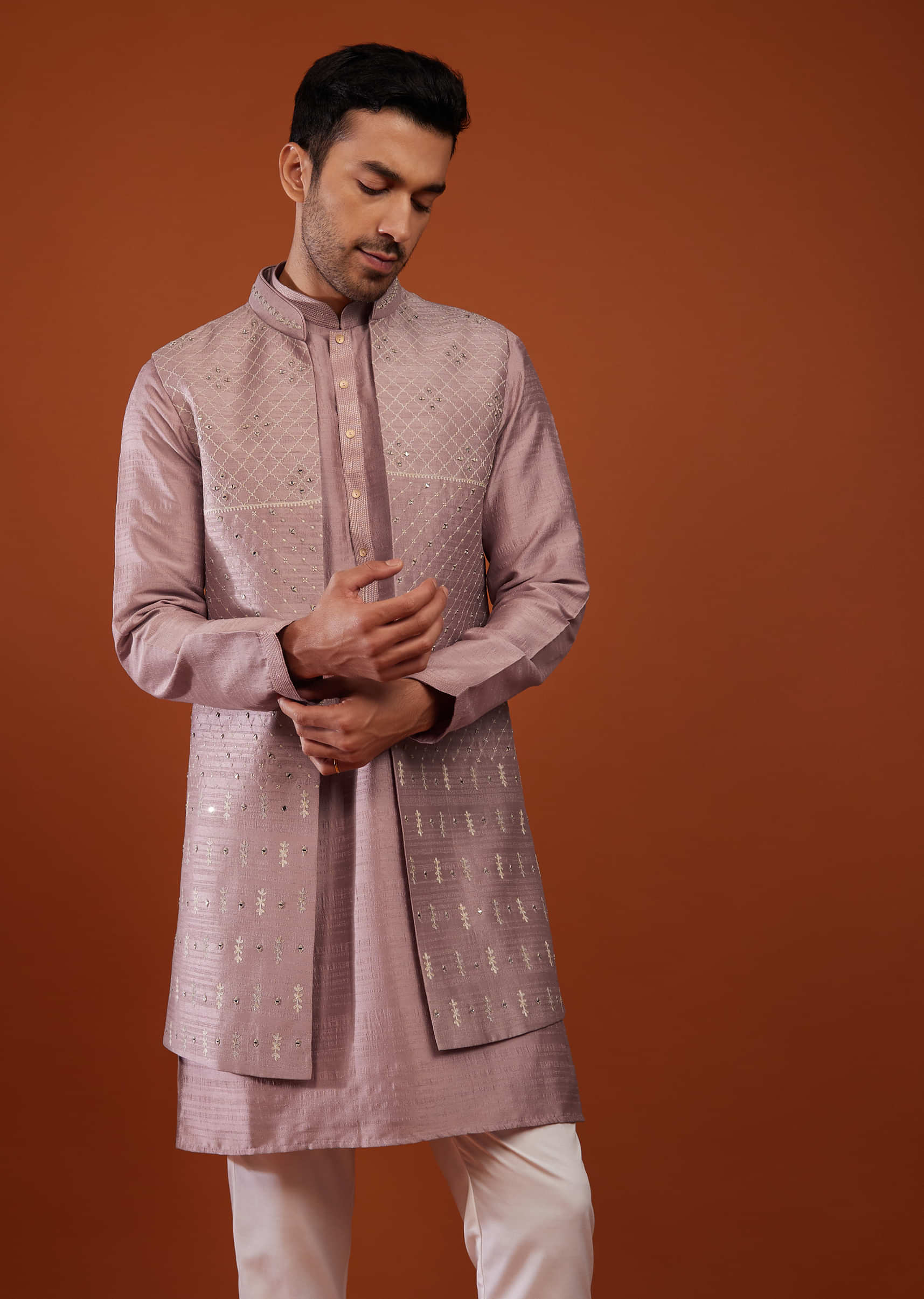 Dusty Pink Bandi Jacket Kurta Set In Cotton Silk With Embroidery