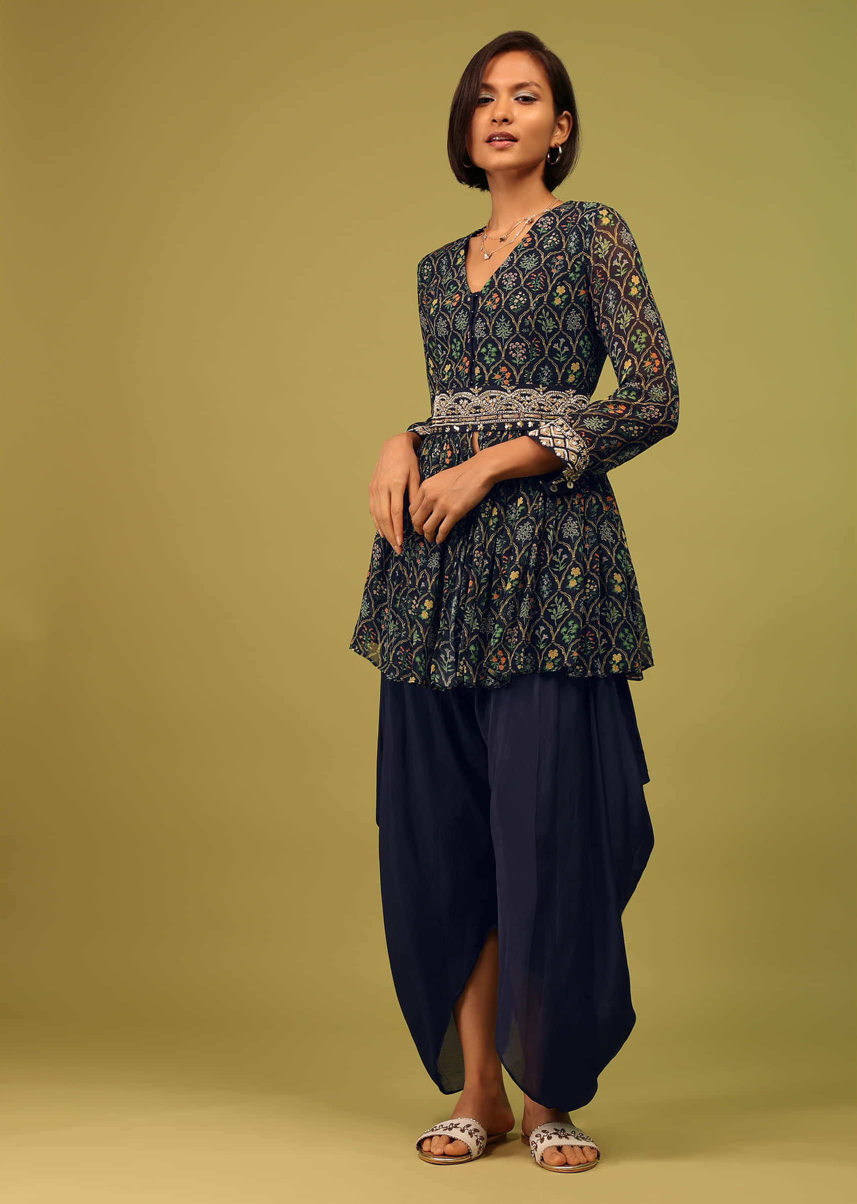Navy Blue Dhoti Kurta Set In Georgette With Multicolor Floral Print & Embroidery