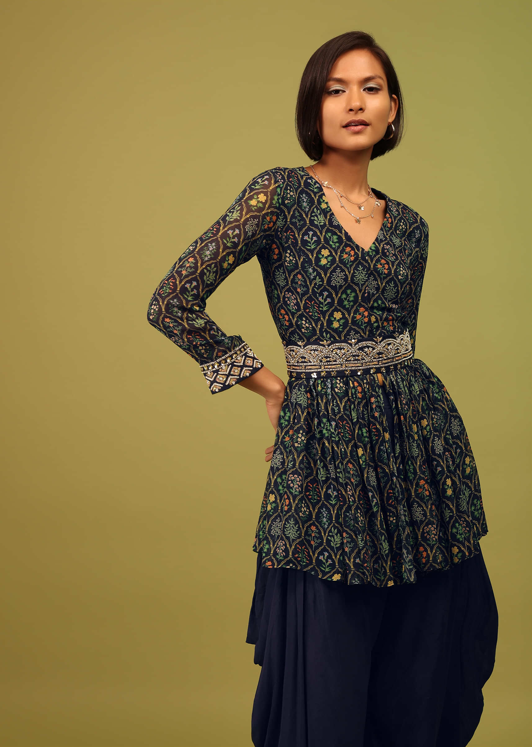 Navy Blue Dhoti Kurta Set In Georgette With Multicolor Floral Print & Embroidery