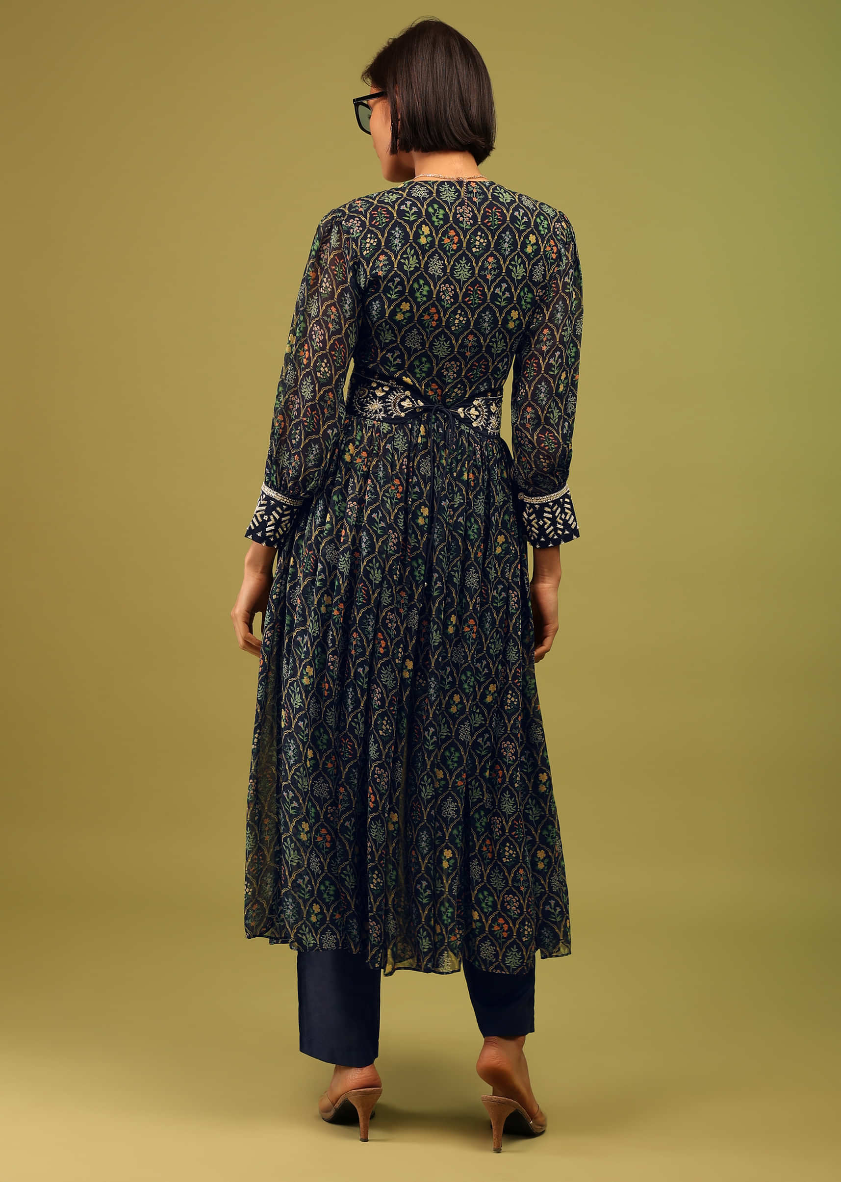 Navy Blue Palazzo Suit In Georgette With Multicolor Floral Print & Embroidery