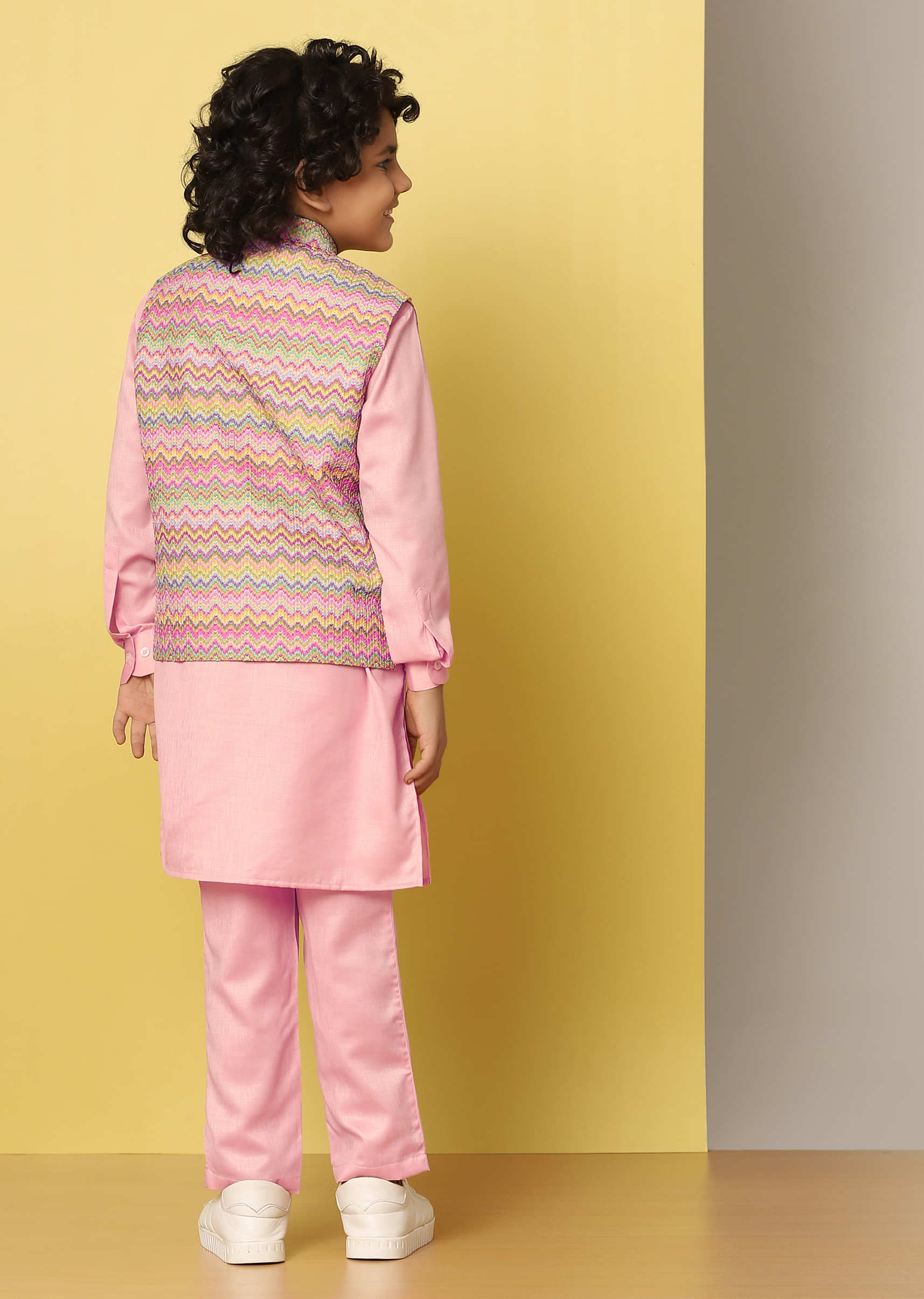 Kalki Pink Bandi Jacket & Kurta Set In Silk With Threadwork For Boys
