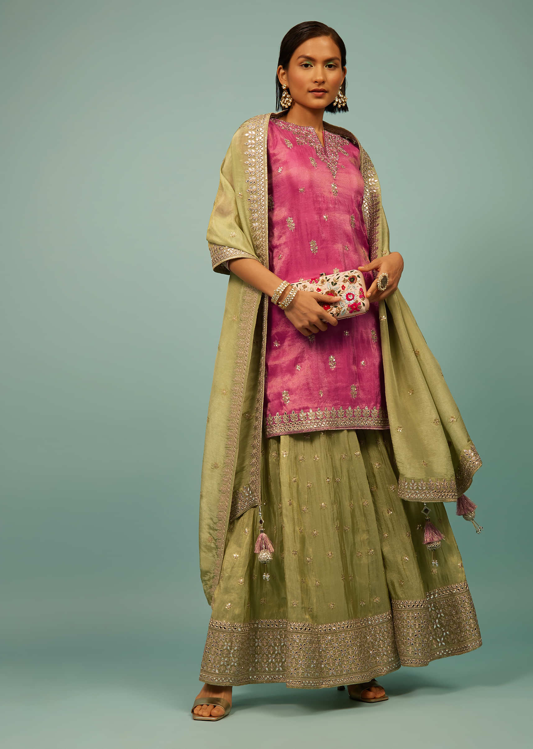 Rose Pink Palazzo Suit With Nile Green Embroidered Palazzo & Dupatta