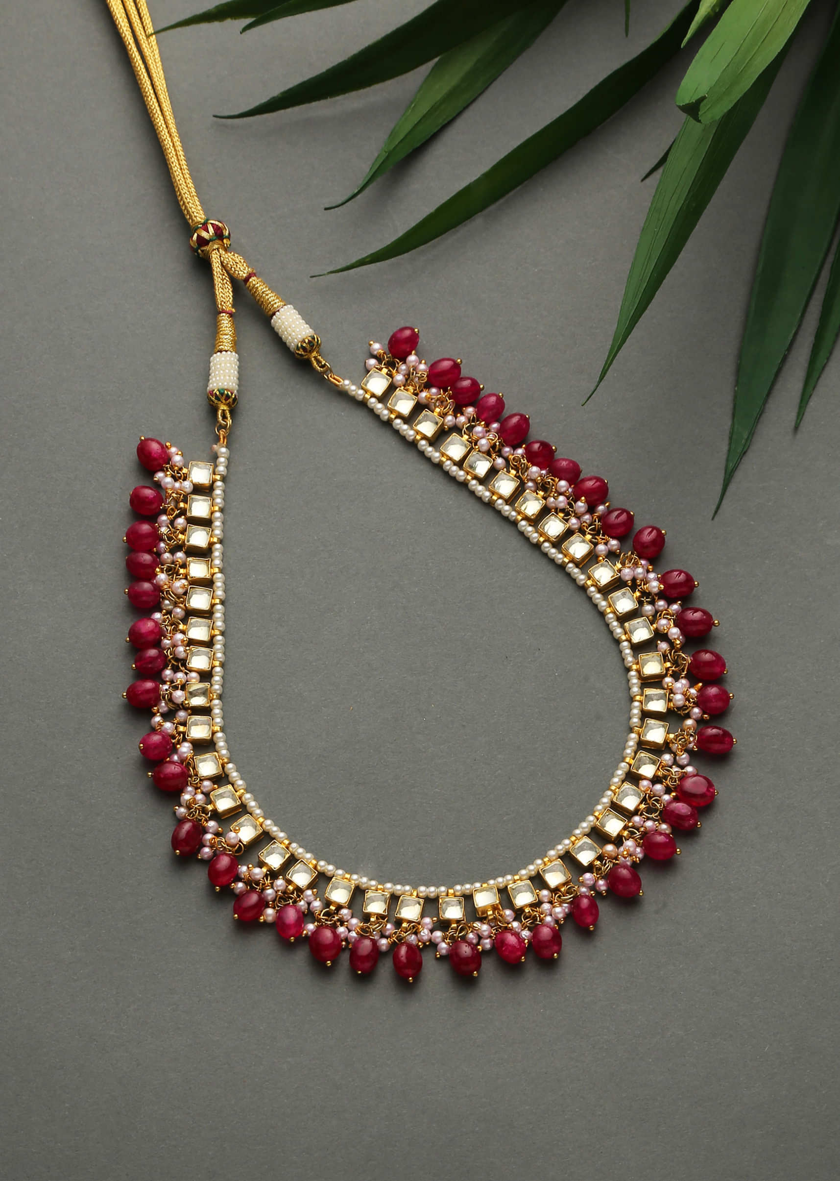Pink Gold Plated Kundan And Quarts Necklace
