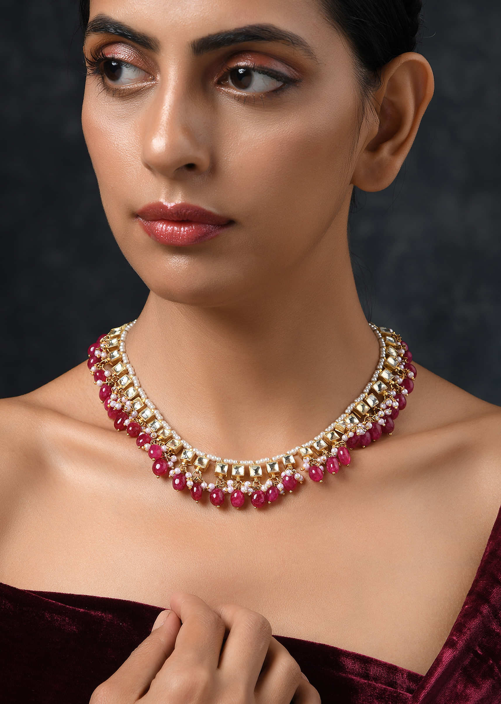 Pink Gold Plated Kundan And Quarts Necklace