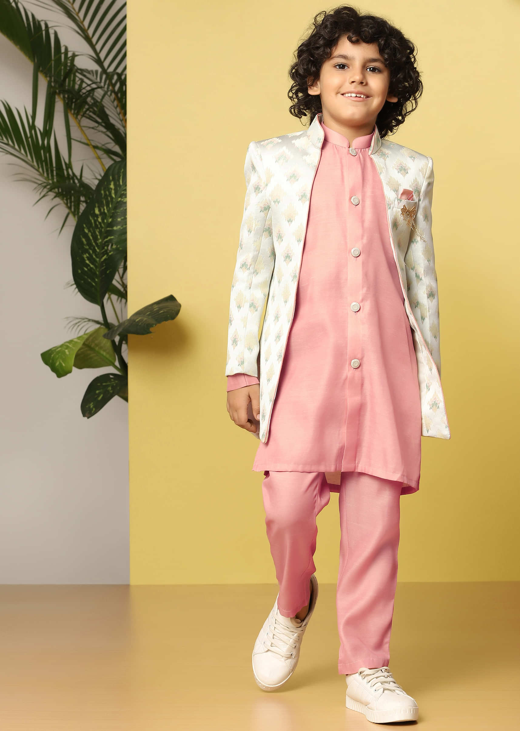 Kalki Pink Printed Sherwani Set In Raw Silk For Boys