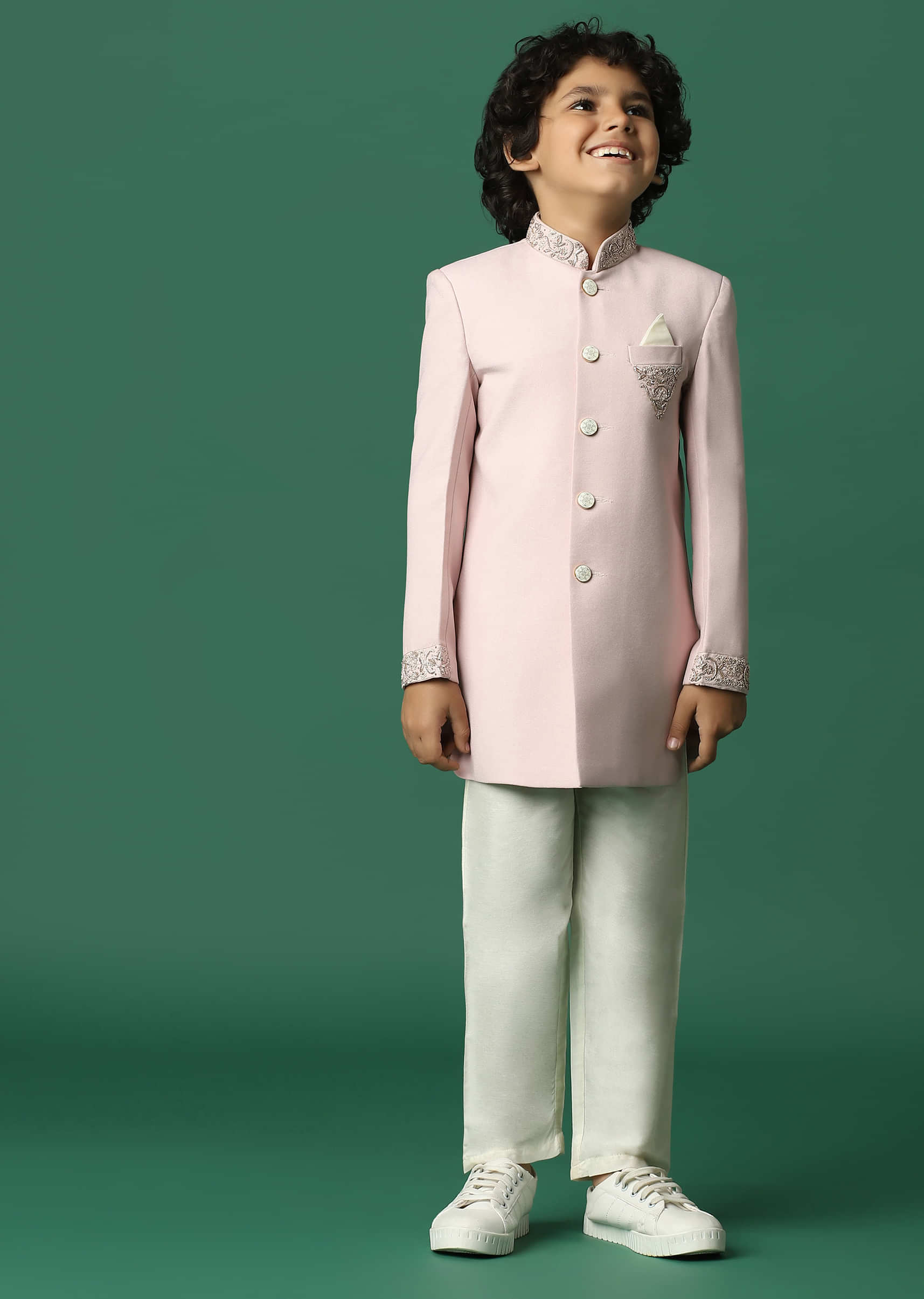 Kalki Pink Sherwani Set In Suiting Fabric With Threadwork For Boys