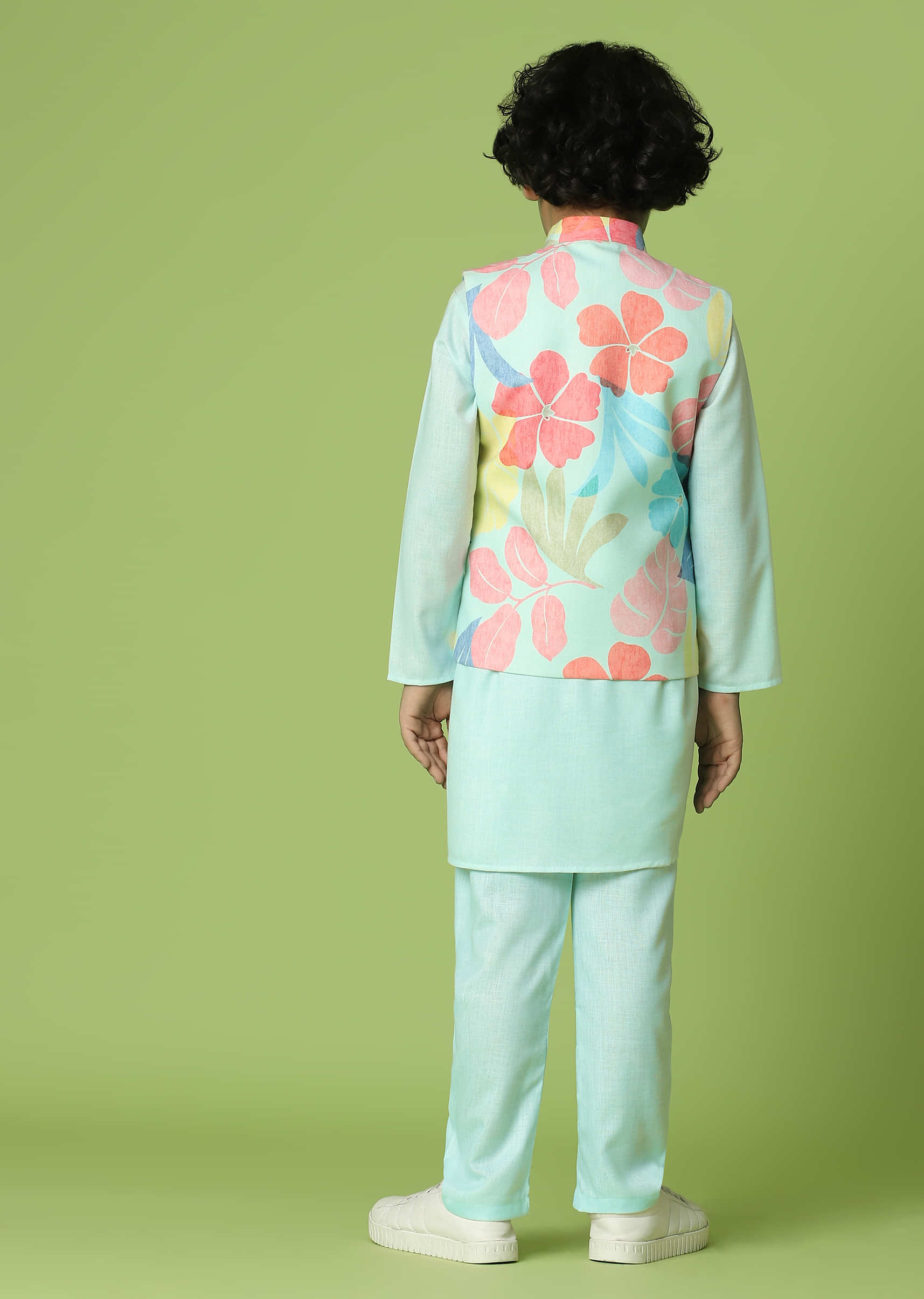 Kalki Powder Blue Jacket Kurta Set In Silk With Floral Print For Boys