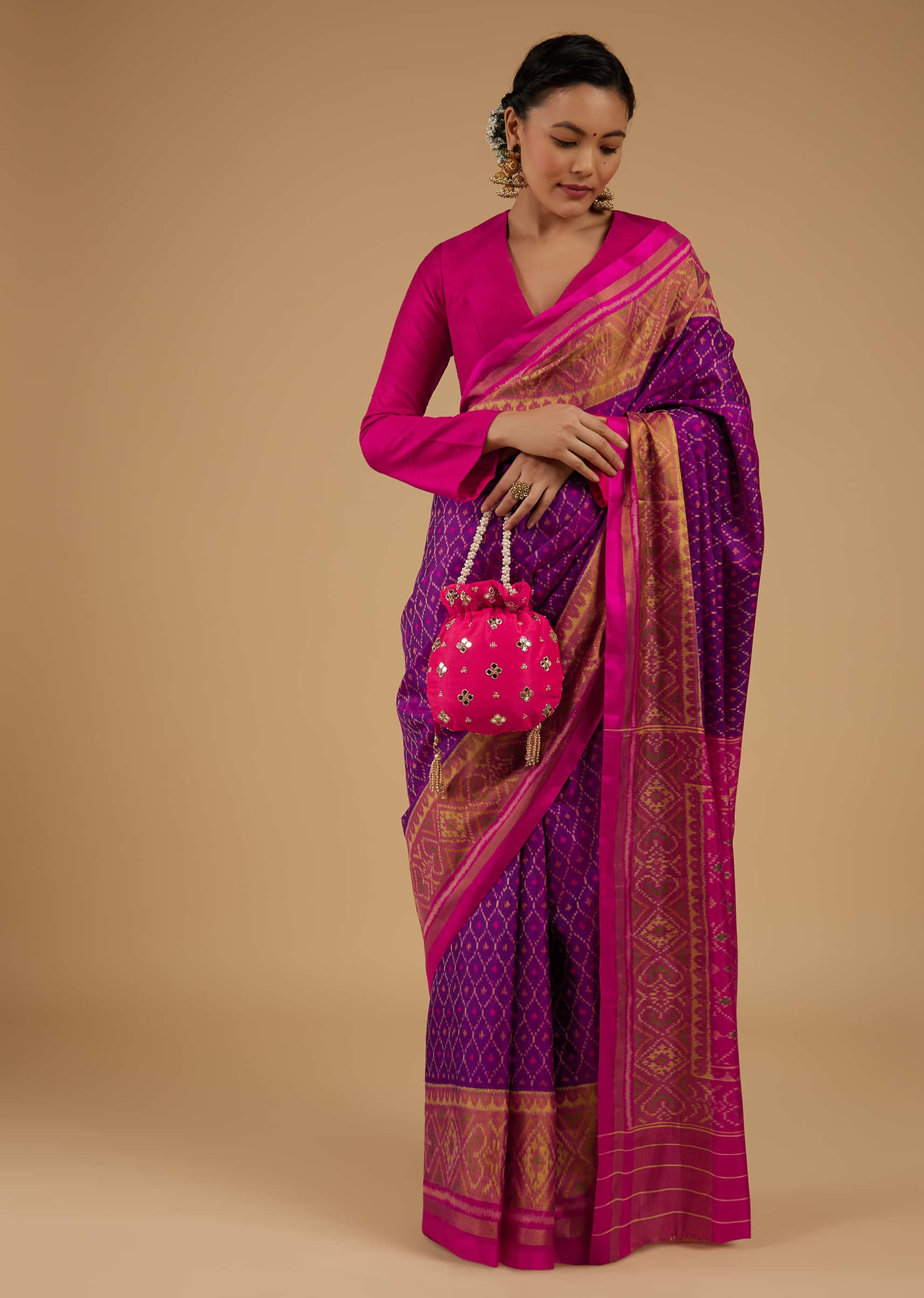 Grape Purple Saree In Silk With Ikat Weave Patola Work