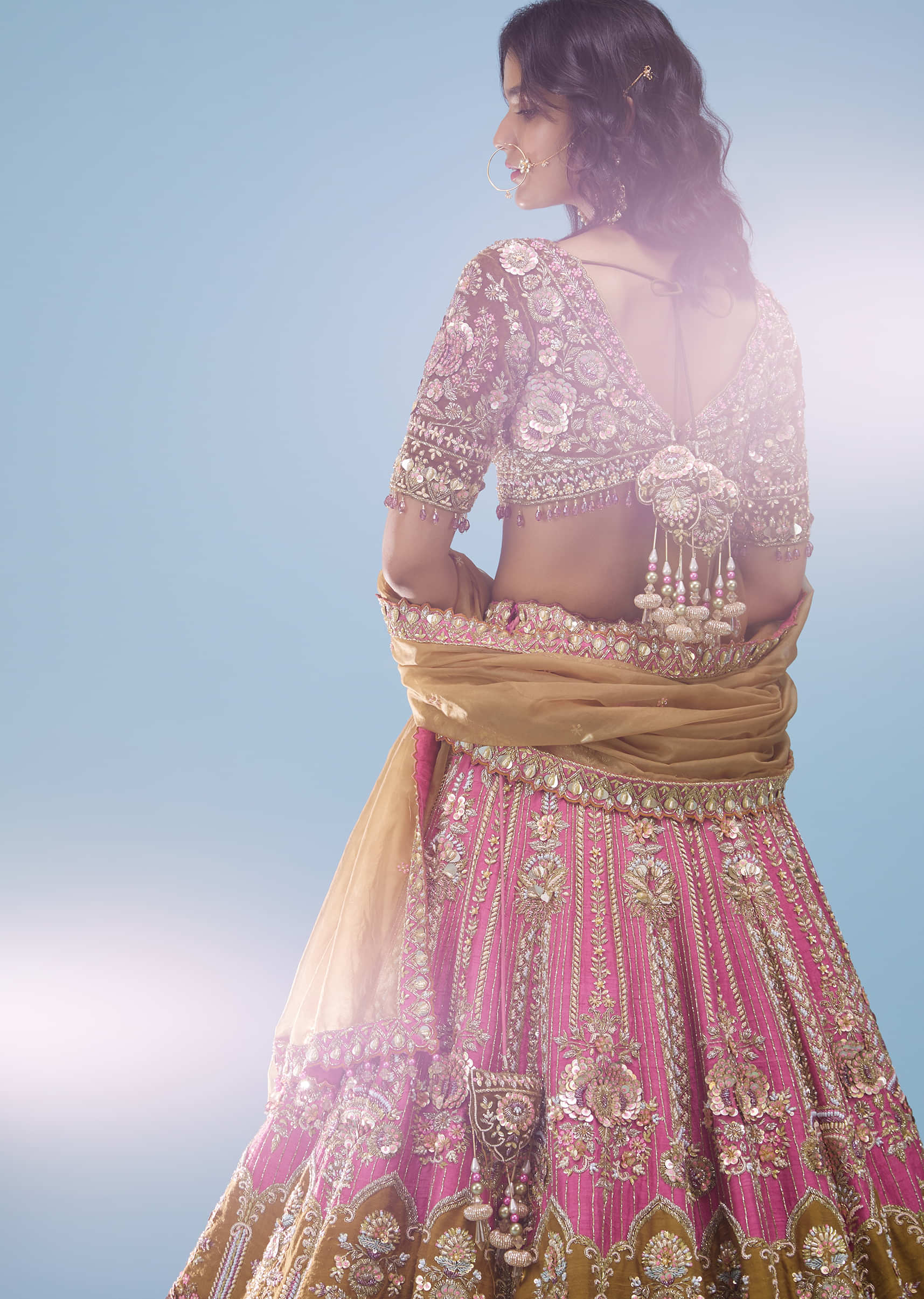 Rose Pink Bridal Lehenga In Raw Silk And Velvet With Heavy Embroidery - NOOR 2022