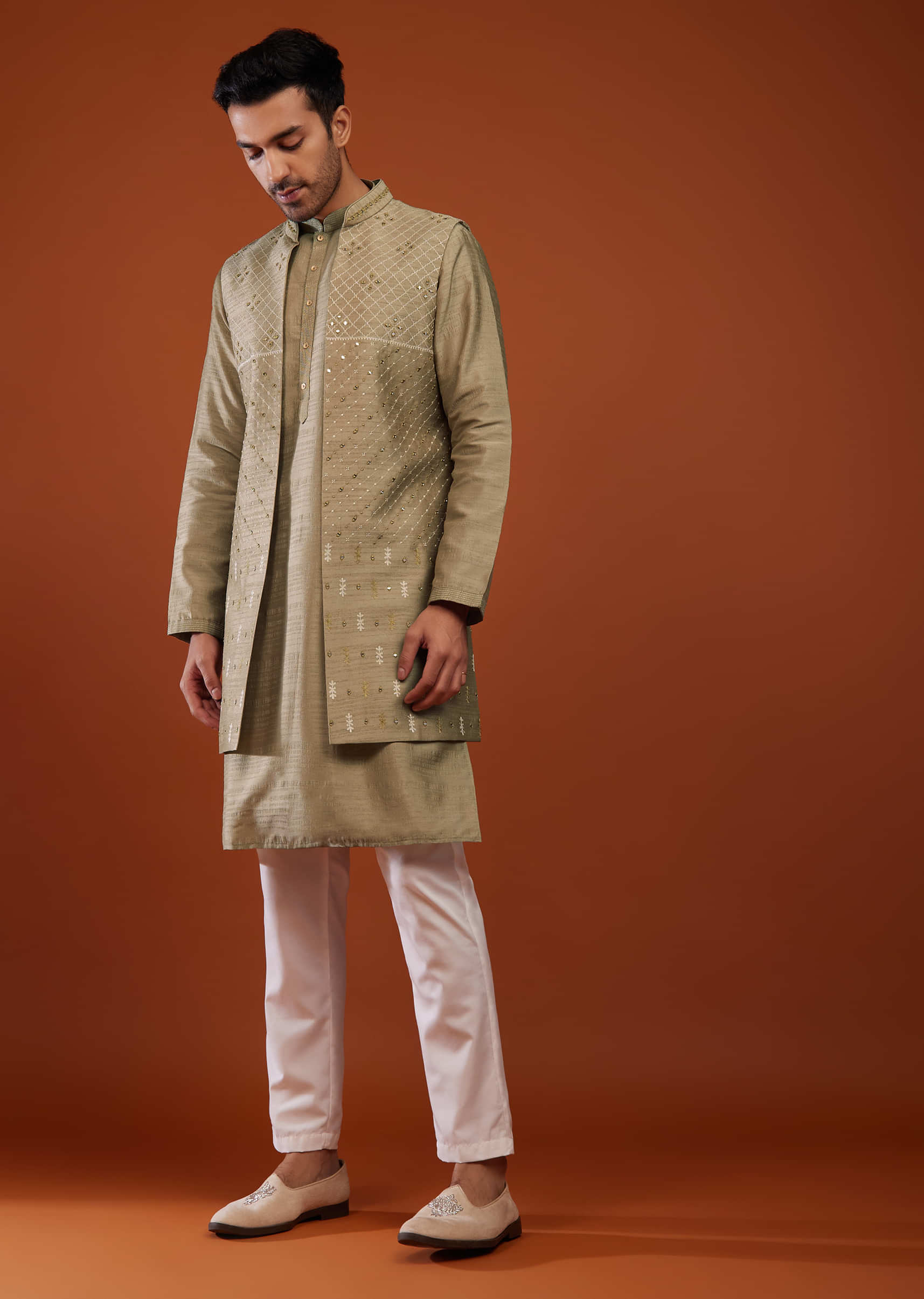 Mocha Brown Bandi Jacket Kurta Set In Cotton Silk With Embroidery