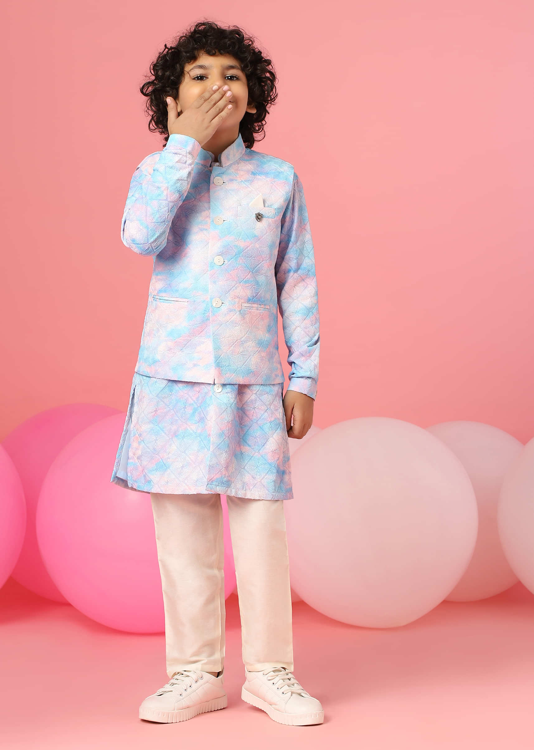 Kalki Sky Blue Tie-Dye Bandi Jacket Set In Silk With Threadwork For Boys