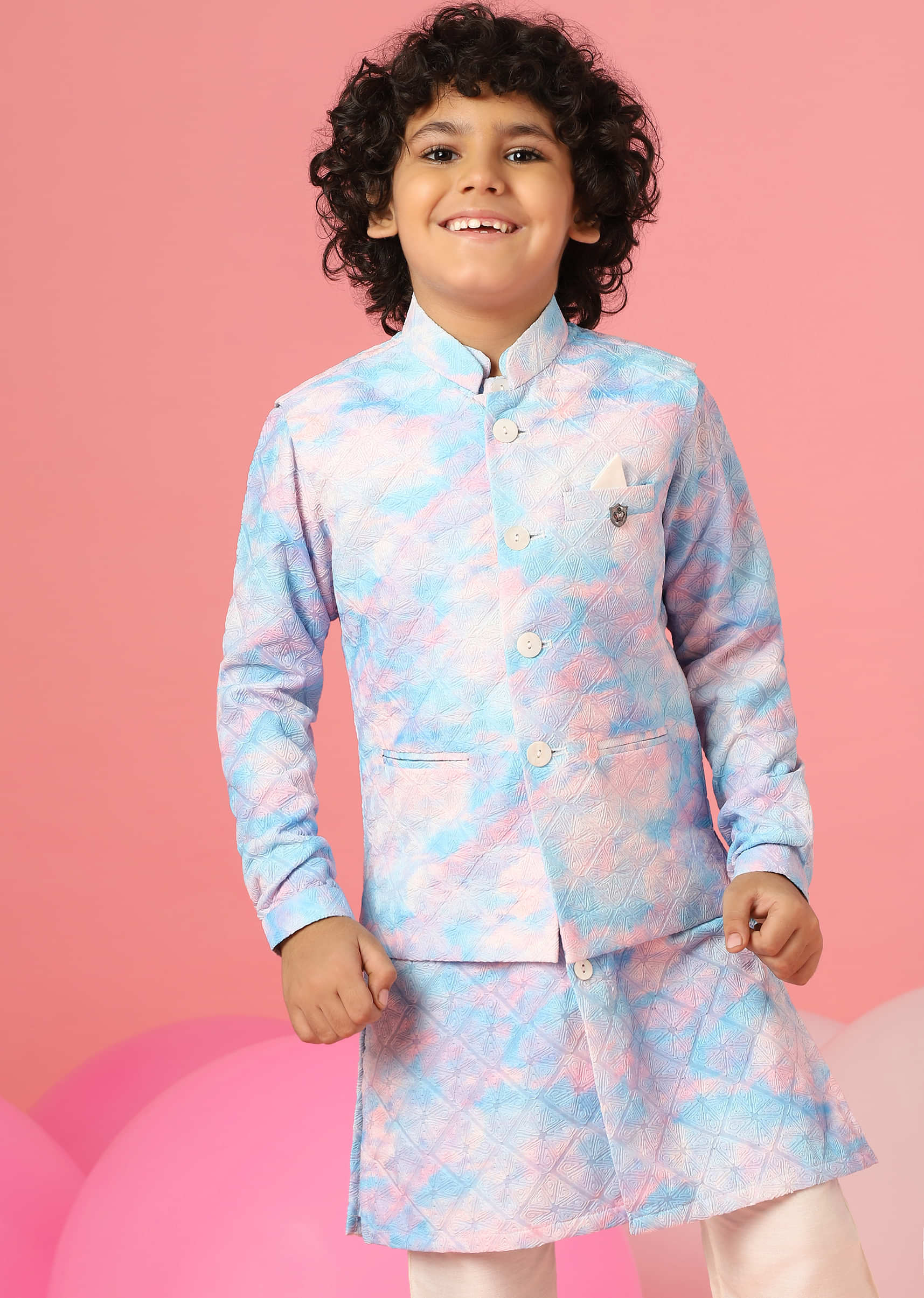 Kalki Sky Blue Tie-Dye Bandi Jacket Set In Silk With Threadwork For Boys