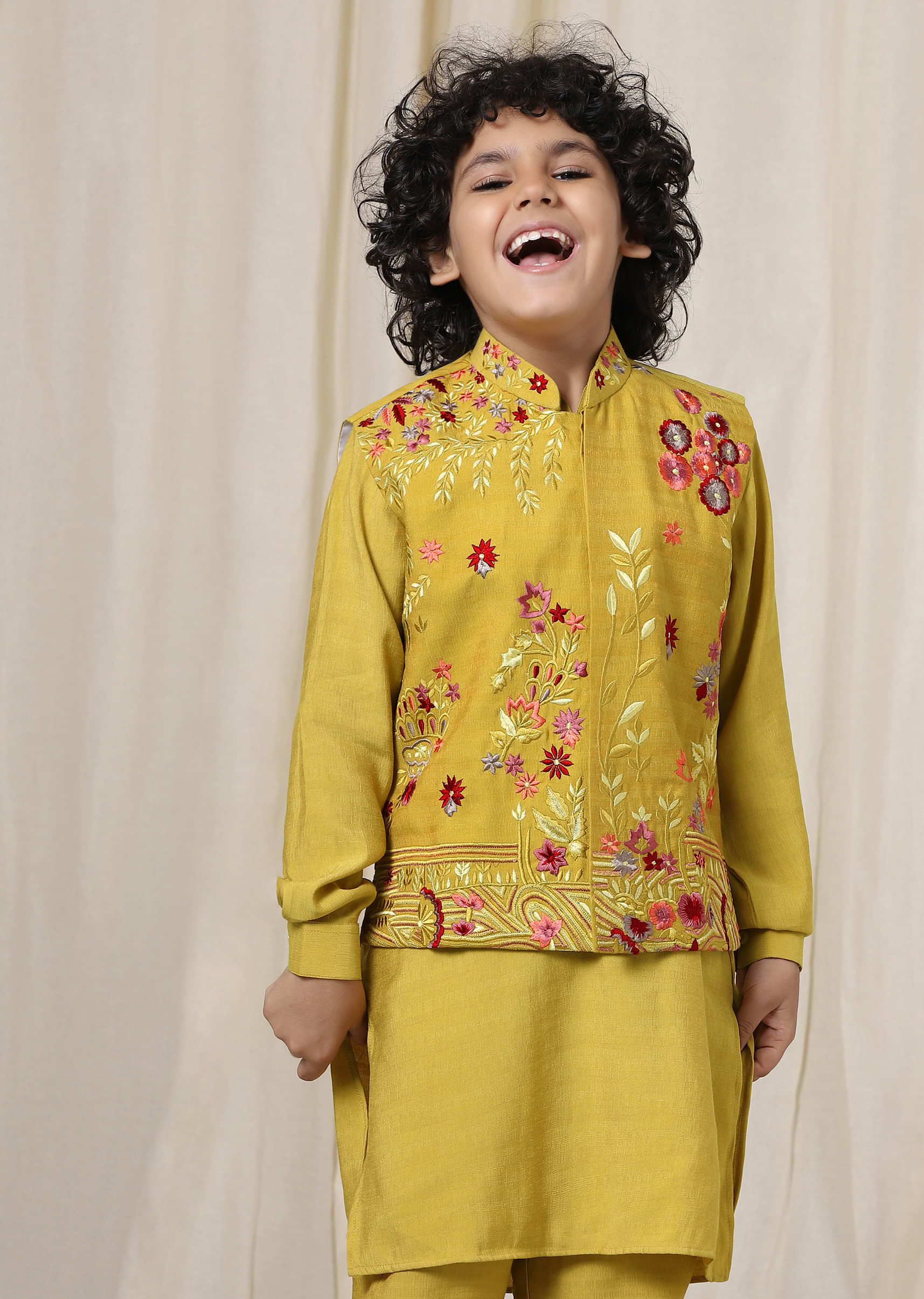 Kalki Sulphur Yellow Embroidered Bandi Kurta Set In Silk For Boys