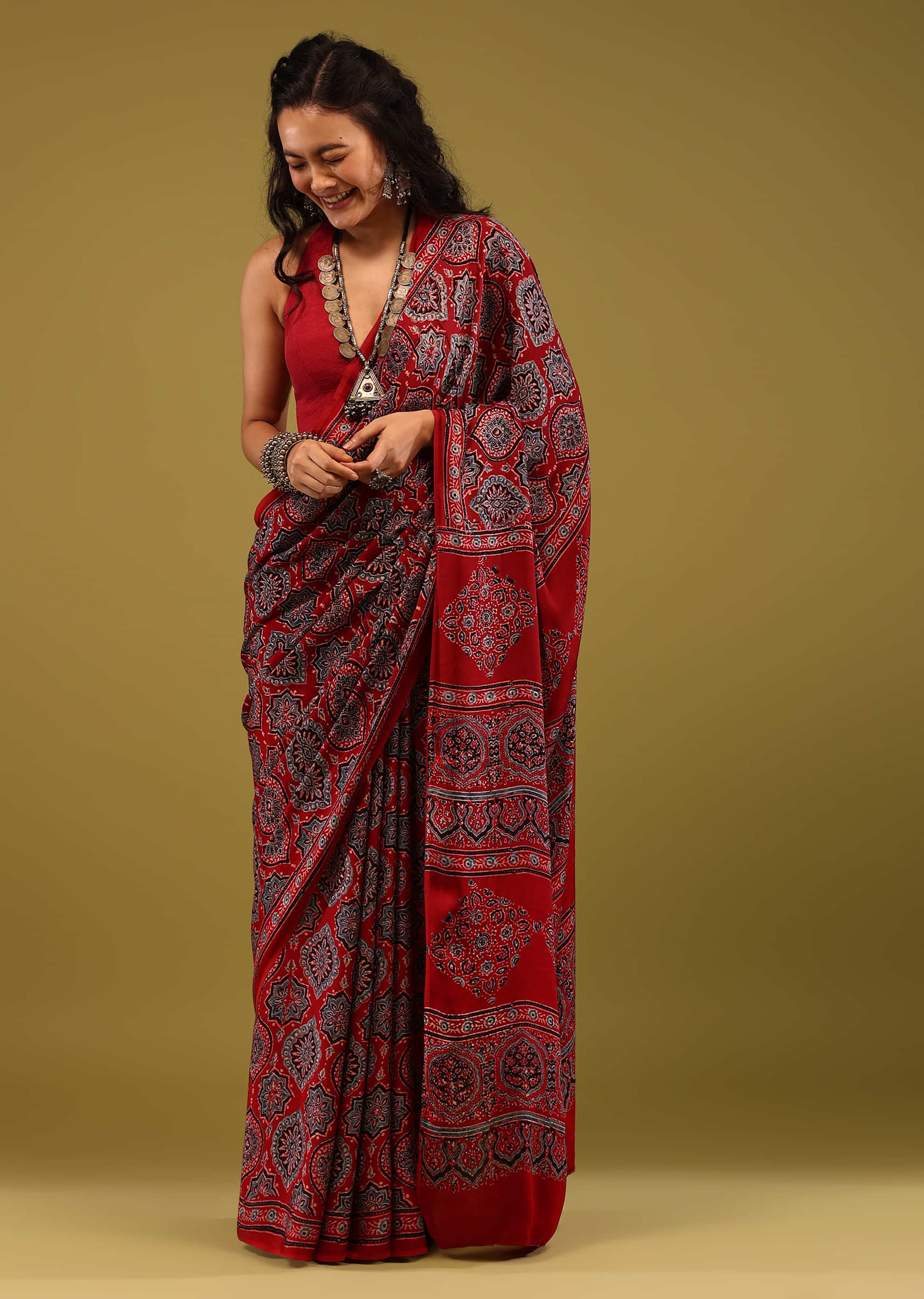 Cherry Red Saree In Satin With Ajrakh Handblock Floral Print