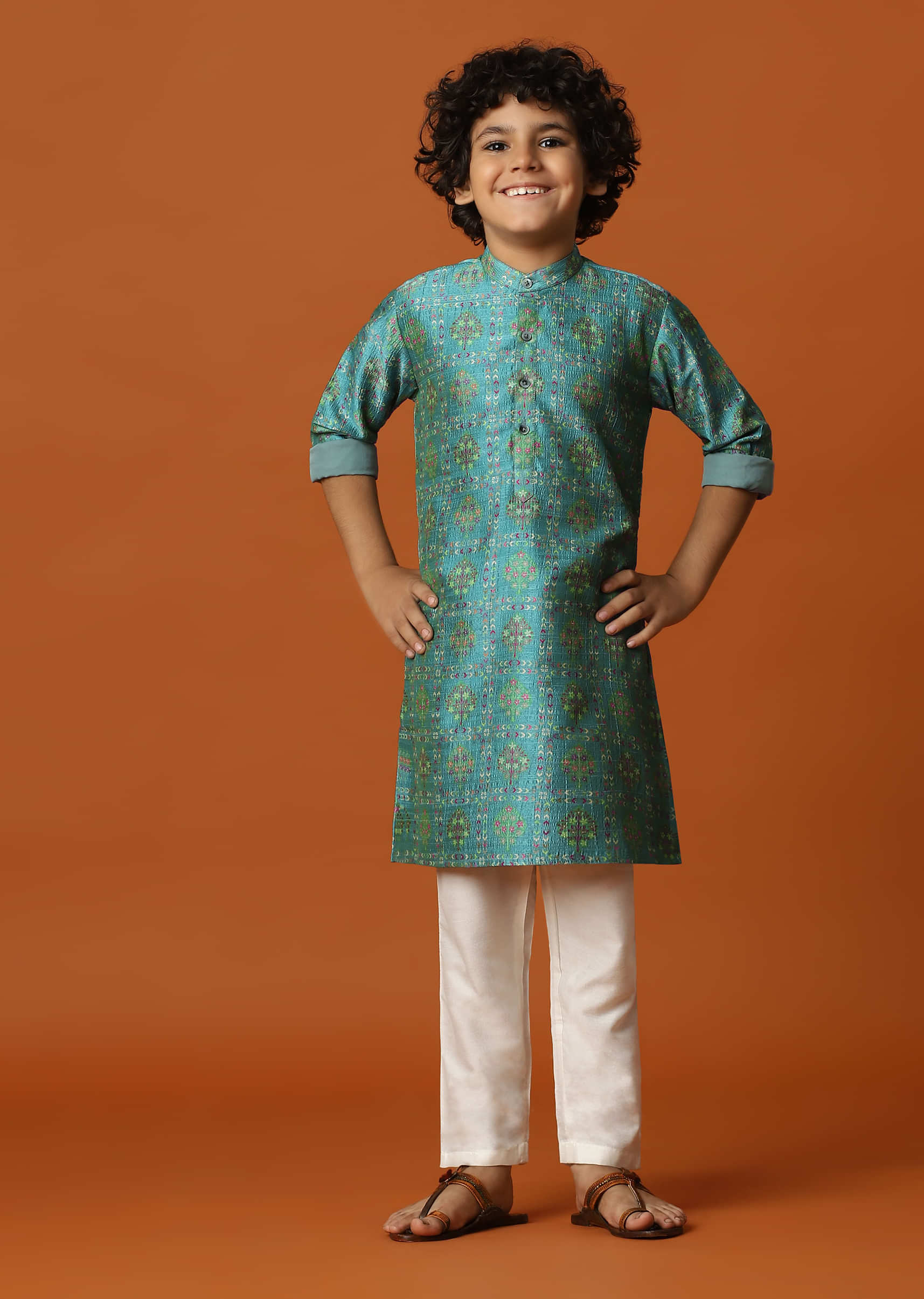 Kalki Turquoise Green Printed Kurta Set In Tussar Silk For Boys
