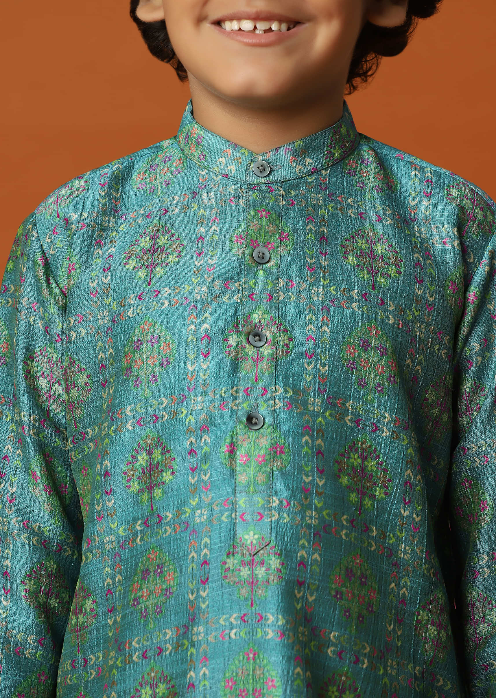 Kalki Turquoise Green Printed Kurta Set In Tussar Silk For Boys