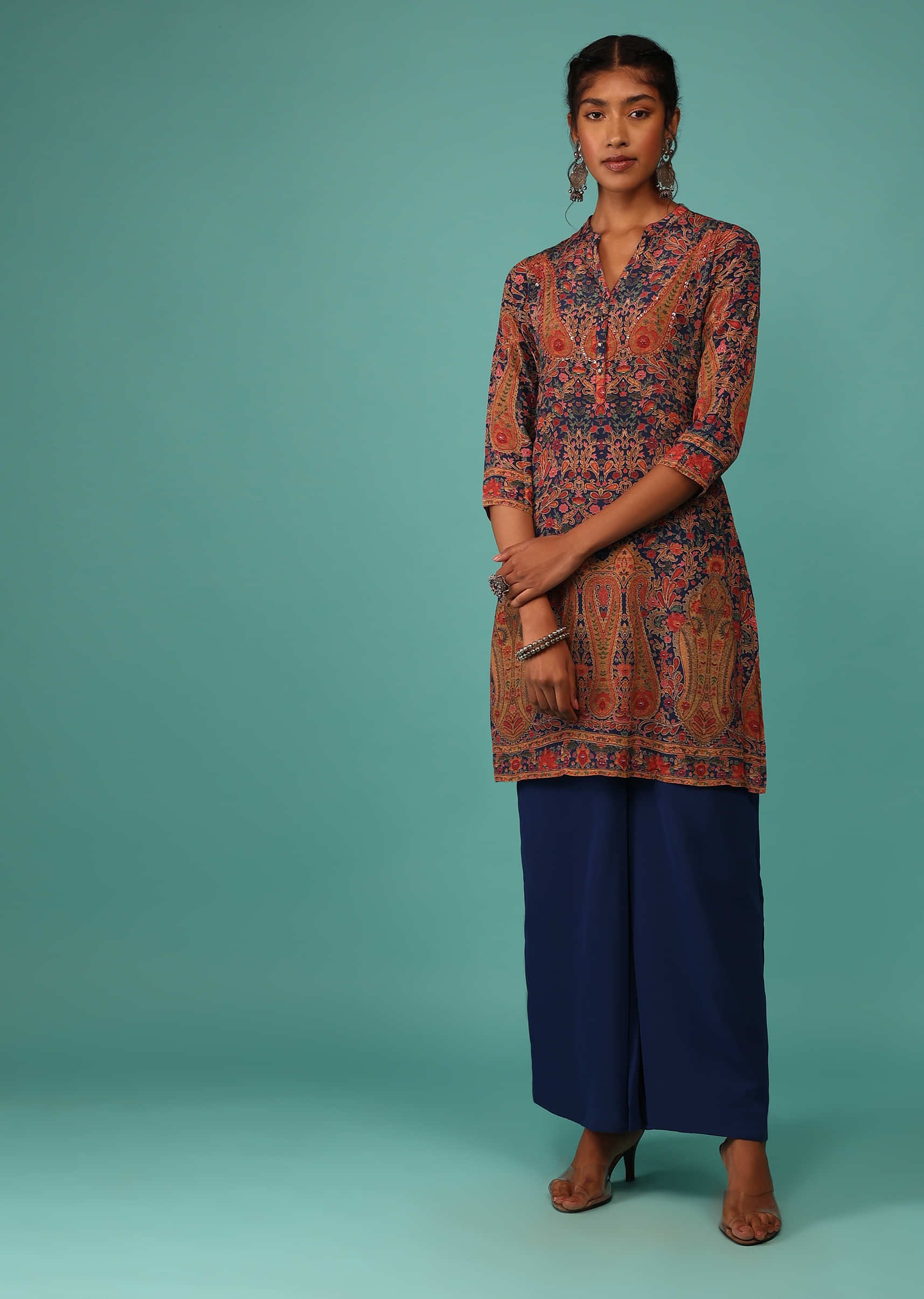 Midnight Blue Palazzo Suit Set In Crepe With Kashmiri Floral Print And Embroidery