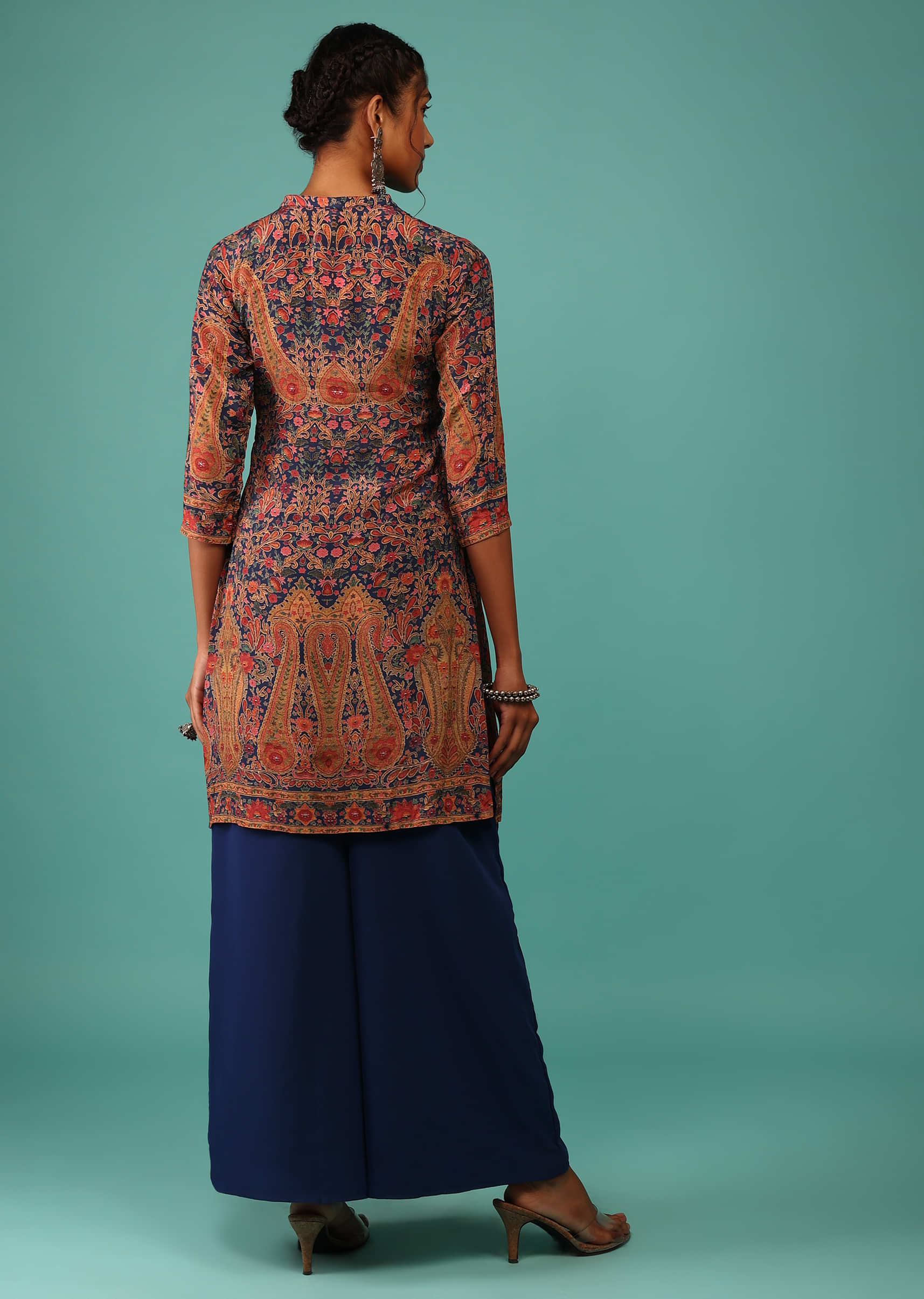 Midnight Blue Palazzo Suit Set In Crepe With Kashmiri Floral Print And Embroidery