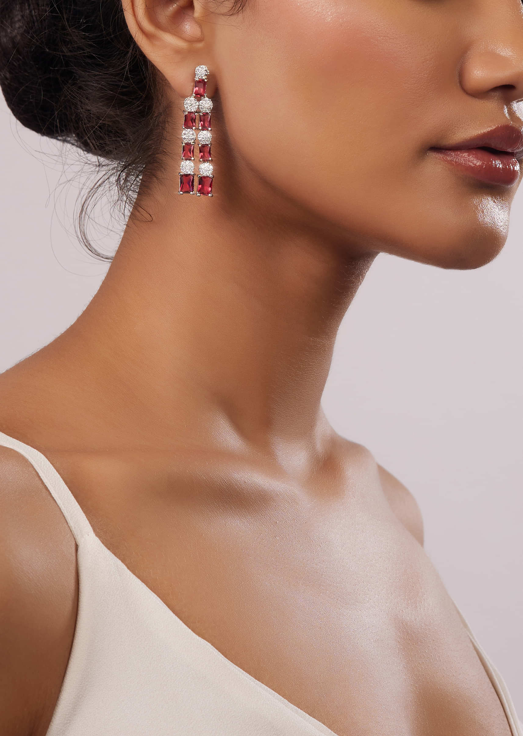 Two-Tier Diamond Necklace Set In Silver Plating With Ruby Stones