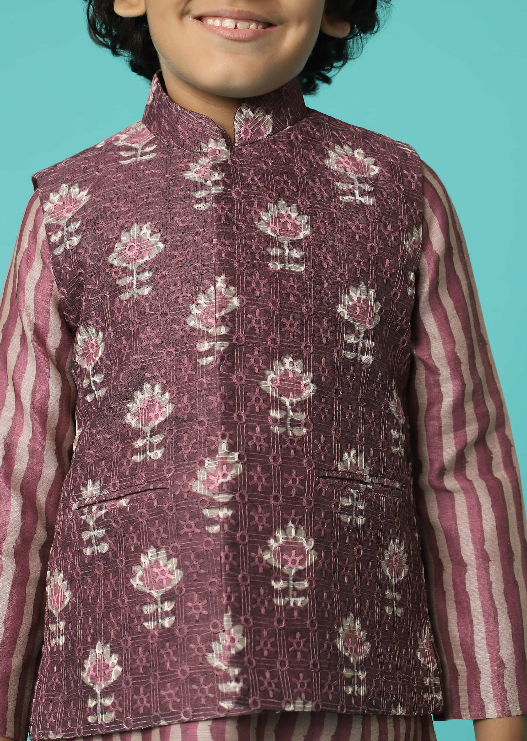 Kalki Wine Purple Boys Jacket Kurta Set In Silk With Printed Motifs And Threadwork