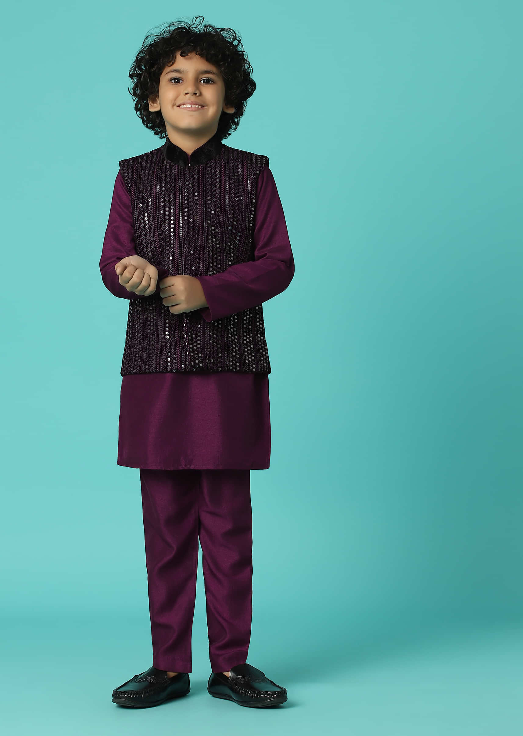 Kalki Wine Red Jacket Kurta Set In Silk With Sequins Embroidery For Boys