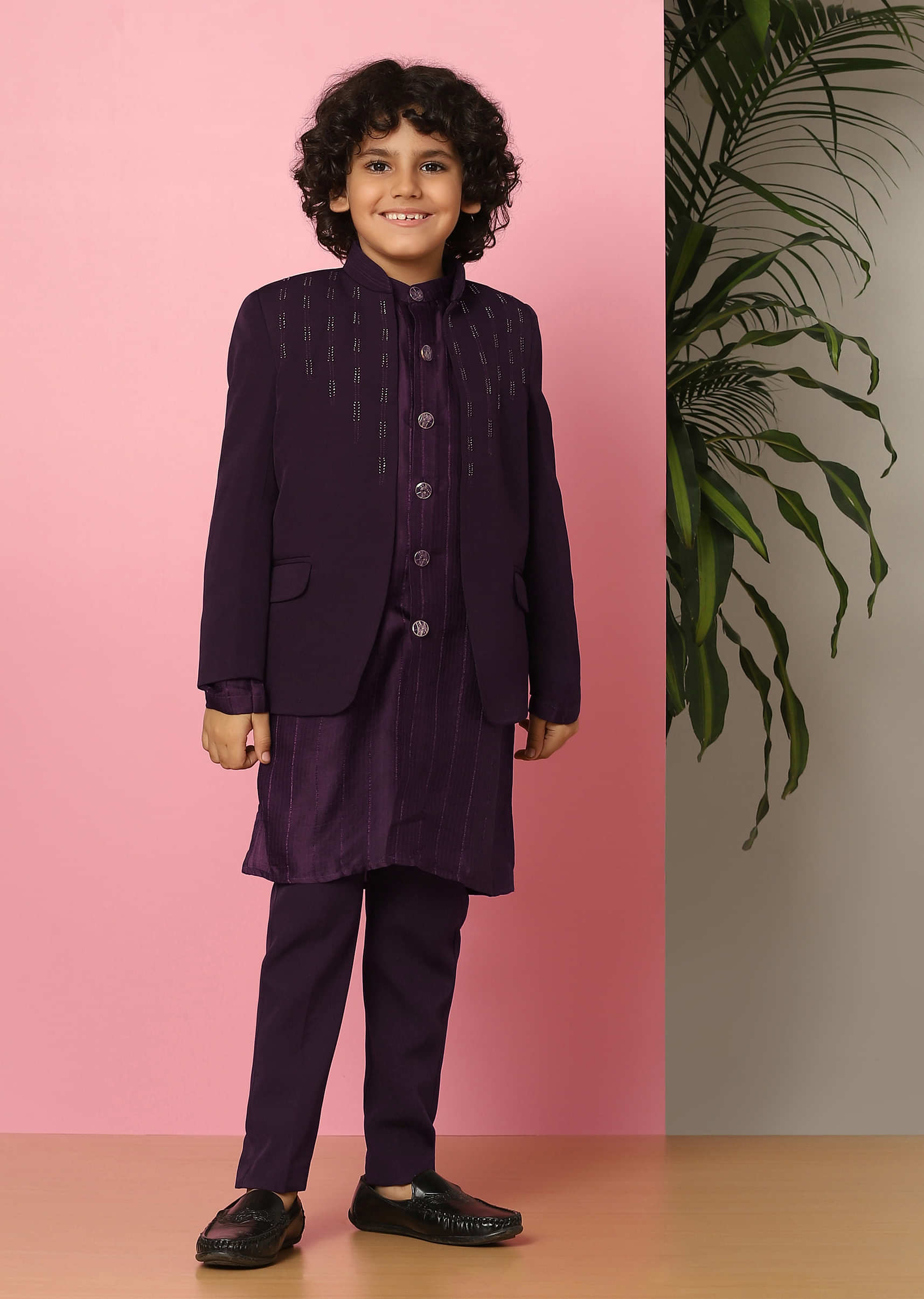 Kalki Wine Sherwani Set In Suiting Fabric With Threadwork For Boys