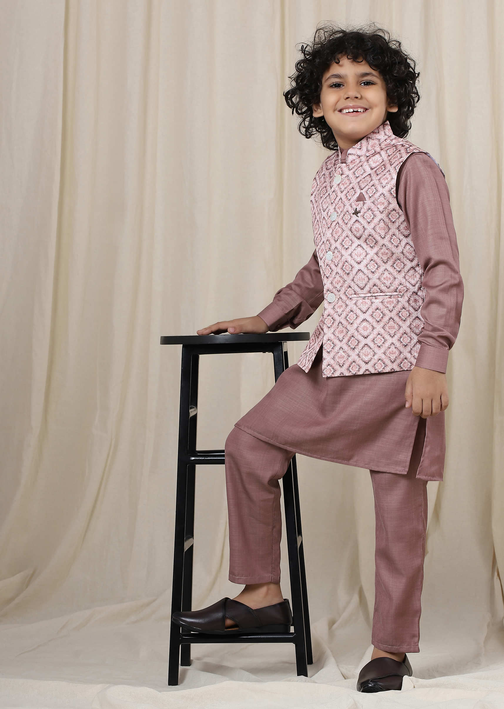 Kalki Woodrose Purple Kurta Set With Printed Bandi Jacket In Silk For Boys