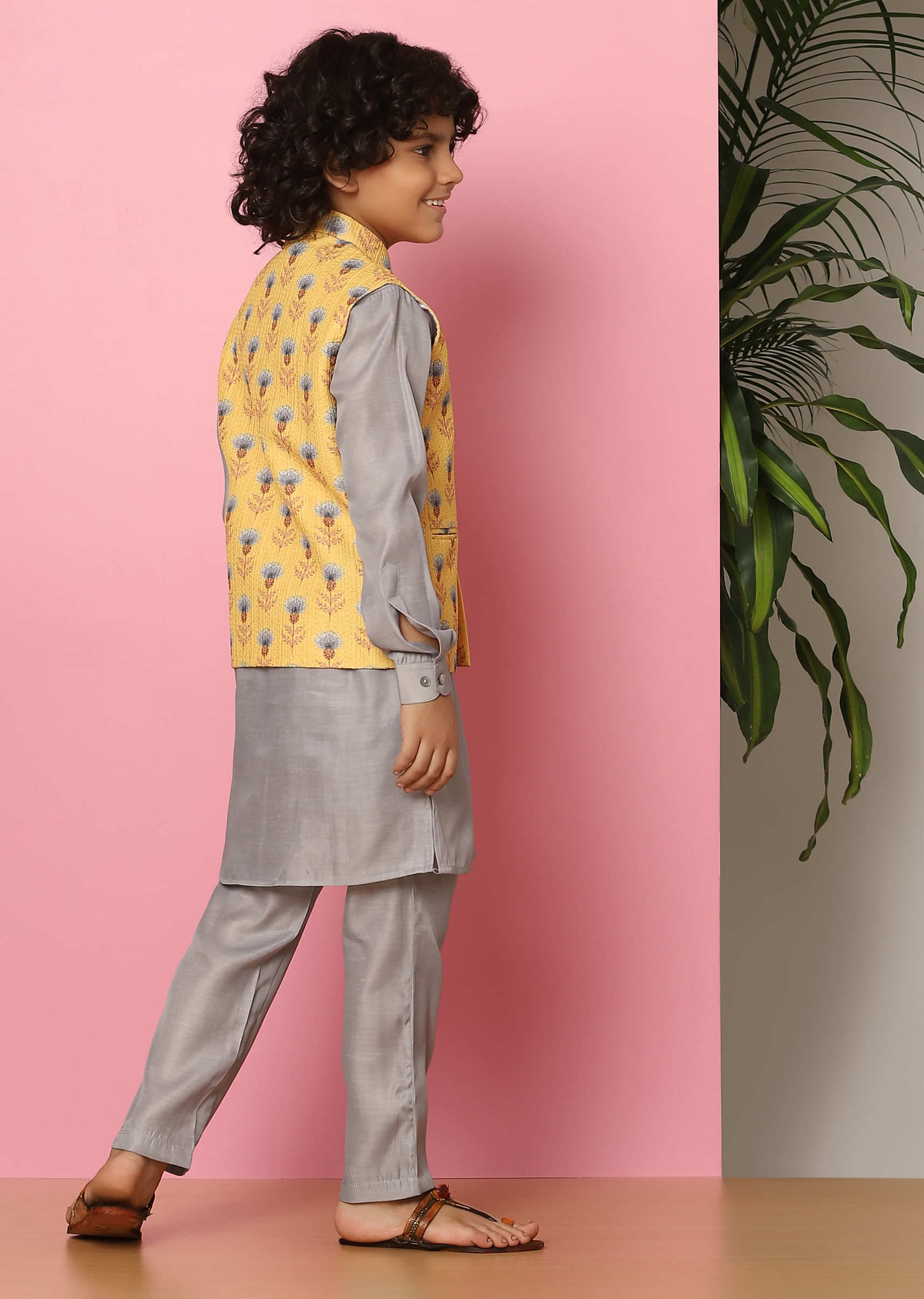 Kalki Yellow Bandi Jacket And Kurta Set In Silk With Print For Boys