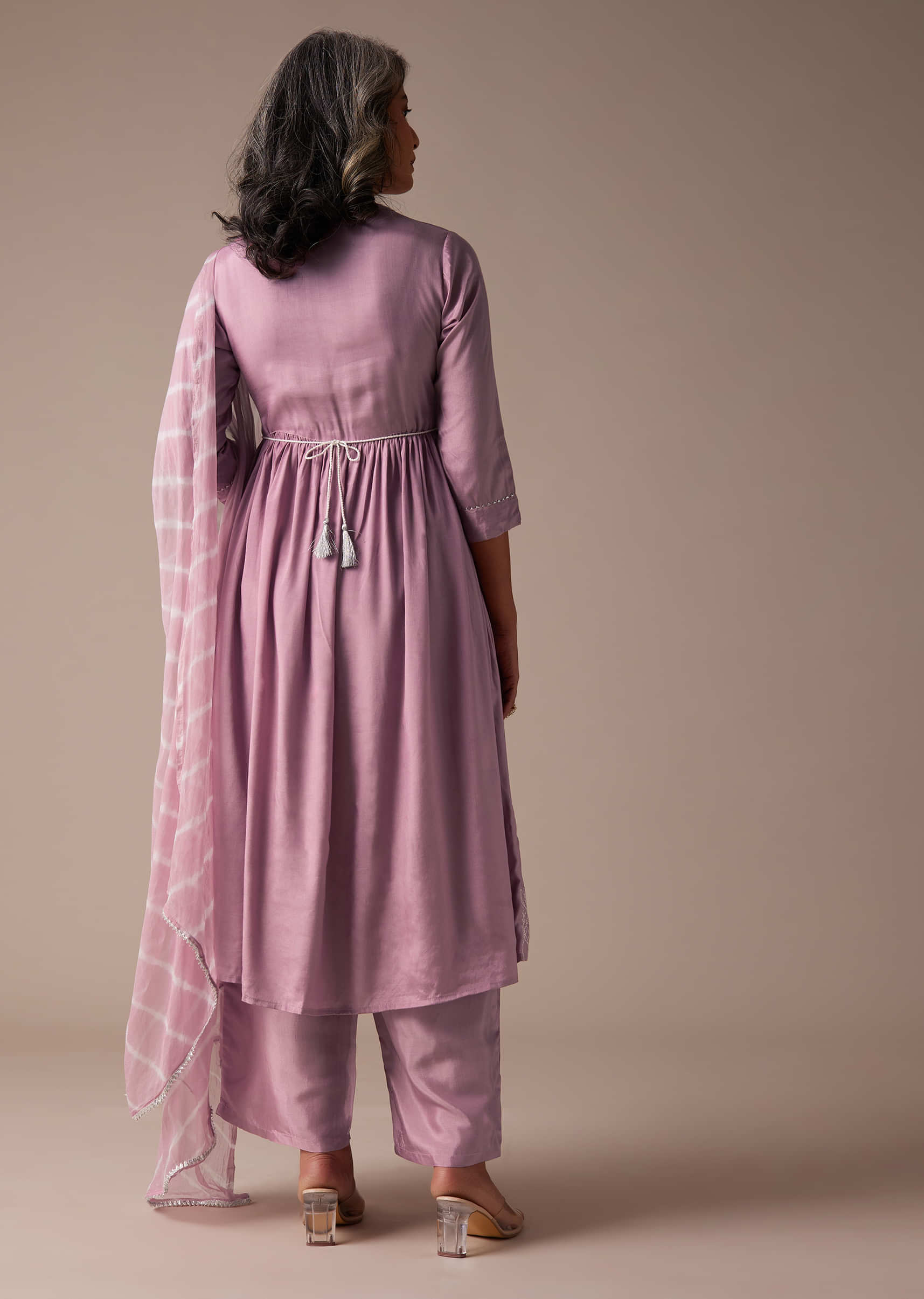 Petal Pink Palazzo Suit Set In Russian Crepe With Floral Embroidery