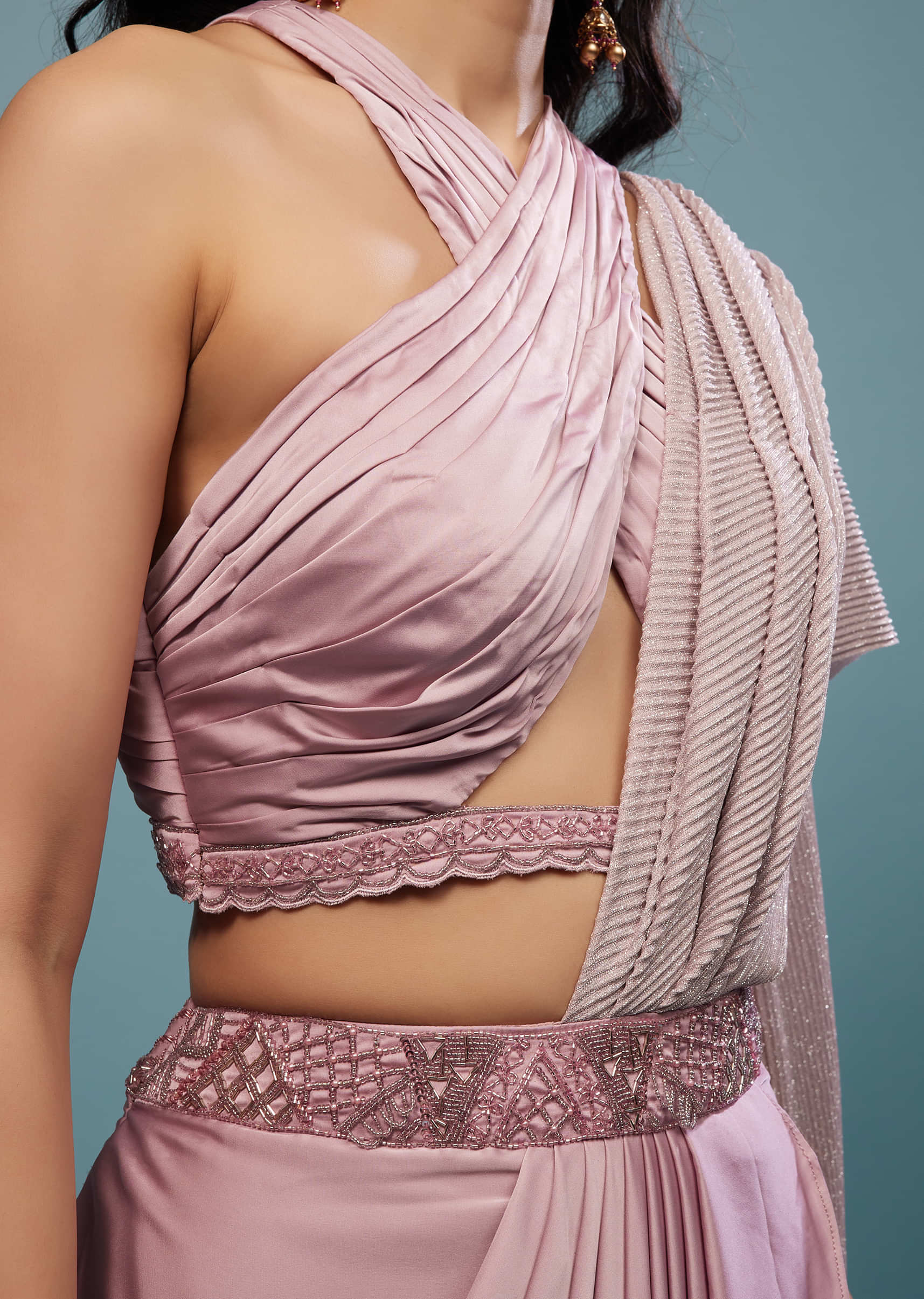 Lush Lavender Purple Embroidered Ready-Pleated Saree In Satin